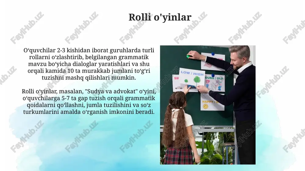 o'z oldingisining grammatik tuzilishiga bog'liq holda qo'shilib boradi va qatnashchilarning grammatik bilimlarini tekshiradi. oliy sinflar uchun grammatik o'yinlar oliy sinf o'quvchilari uchun fe'l zamonlarini o'rganishga qaratilgan 5-6 ta turli grammatik o'yinlarni qo'llash, ularning so'z boyligini boyitishga va 70% ga yaqin grammatik to'g'rilikni oshirishga yordam beradi. murakkab gap tuzilmalarini o'rgatishda, jumladan, 3-4 ta qo'shimcha gap bo'laklarini o'z ichiga olgan murakkab gaplarni tahlil qilish uchun, rol o'ynash o'yinlarini qo'llash samarali bo'lib, 80% ga yaqin tushunishni ta'minlaydi. "kim tezroq?" o'yinlari “kim tezroq?” o'yinlarida turli grammatik mavzular, masalan, zamonlar, kelishiklar, olmoshlar va sifatlar bilan bog'liq 20-30 ta mashq ishlatish mumkin. bu o'quvchilarga keng qamrovli grammatik ko'nikmalarni rivojlantirishga yordam beradi. “kim tezroq?” o'yinlarida 2-4 nafar o'quvchi ishtirok etib, berilgan 5-7 ta jumlani to'g'ri grammatik shaklda tezroq yozishga harakat qilishlari mumkin. bu eslab qolish va tezkorlikni rivojlantiradi. e'tiboringiz uchun rahmat @taqdimot_robot image2.jpg image3.jpg image4.jpg image5.jpg image6.jpg image7.jpg image8.jpg image9.jpg image10.jpg image11.jpg image12.jpg image13.jpg image14.jpg image15.jpg image16.jpg …