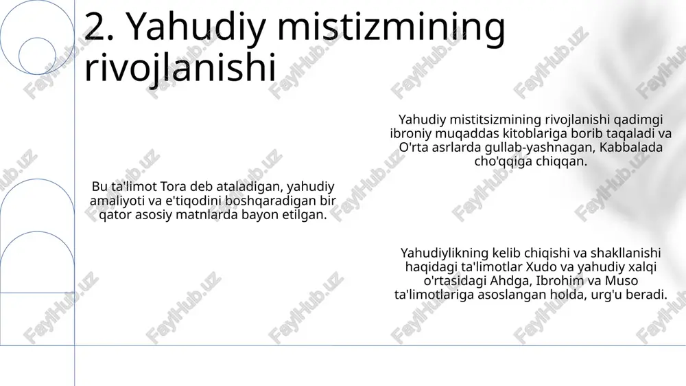 i yahudo ikkalasi ham oxir-oqibat xorijiy imperiyalar tomonidan zabt etilgan. yahudiylikning kelib chiqishi va shakllanishi: isroilliklarning surgun, fath qilish va chet el ta'sirlariga qaramay, o'z identifikatsiyasini saqlab qolish ehtiyojidan kelib chiqqan. yahoodlikning kelib chiqishi va shakllanishi haqidagi ta'limotlar: ibrohim, muso va tavrot orqali xudo bilan ahd munosabatlarini ta'kidlash, qonunlar, marosimlar va e'tiqodlarni belgilash. 14. isroil va yahudo podsholigi ibrohim davridan ikkinchi ma'badning vayron bo'lishiga qadar yahudiy huquqi, an'anasi va e'tiqodlarining rivojlanishi. xristianlikning kichik yahudiy mazhabdan dunyoning asosiy dini sifatida tarqalishi. rim imperiyasi va boshqa atrofdagi madaniyatlarning erta nasroniylik va yahudiylikning rivojlanishiga ta'siri. 15. diniy erta xristianlikning ko'tarilishi yahudiylik ta'limotlarida kelib chiqish haqida xudo bilan ahd tuzilgani haqida gap boradi, bu monoteizm va tanlanganlikni ta'kidlaydi. yahudiylikning shakllanishi qadimgi isroillik an'analar, ellinistik ta'sirlar va keyinchalik ravvinlarning talqinlarining aralashmasidan iborat edi. yunon falsafasi va madaniyati yahudiy fikri va adabiyotiga ta'sir ko'rsatgan holda yahudiylikka kiritildi. 16. hellenizm ta'siri yahudiy xalqining asoschisi deb hisoblanadigan patriarxlar …