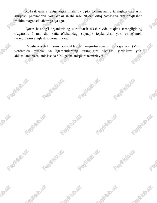 anlarining ultratovush tekshiruvida to'qima tarangligining o'zgarishi, 5 mm dan katta o'lchamdagi suyuqlik to'planishini yoki yallig'lanish jarayonlarini aniqlash imkonini beradi. mushak-skelet tizimi kasalliklarida, magnit-rezonans tomografiya (mrt) yordamida mushak va ligamentlarning tarangligini o'lchash, yirtiqlarni yoki shikastlanishlarni aniqlashda 80% gacha aniqlikni ta'minlaydi. 📌xulosa to'qima tarangligini o'lchash turli kasalliklarni erta aniqlash va tashxislashning muhim diagnostik vositasi hisoblanadi, bu esa samarali davolash usullarini tanlashga yordam beradi. uning ahamiyati klinik amaliyotda tobora ortib bormoqda. 📚foydalanilgan adabiyotlar 1. ingber, d. e. (2003). tensegrity i. cell structure and hierarchical systems biology. journal of cell science, 116(8), 1157-1173. 2. gillies, r. r., martin, c. l. (2008). tensegrity and the physics of the cytoskeleton. advances in physics, 57(6), 429-482