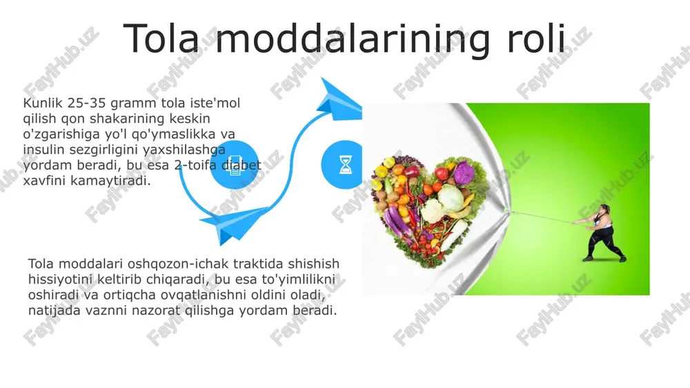 iladi va immunitet tizimini mustahkamlaydi. kunlik kaloriyangizning kamida 40% ini murakkab uglevodlar, masalan, don mahsulotlari va sabzavotlardan olish, qon shakarini barqarorlashtirishga yordam beradi. kunlik kaloriyangizning kamida 40% ini murakkab uglevodlar, masalan, don mahsulotlari va sabzavotlardan olish, qon shakarini barqarorlashtirishga yordam beradi. oziq-ovqat guruhlari va ularning ahamiyati don mahsulotlari (kunlik kaloriyaning 45-65%) murakkab uglevodlar, tolalar va b vitaminlari manbaidir, uzoq muddatli energiya ta'minlaydi va hazm tizimini yaxshilaydi. meva va sabzavotlar (kuniga kamida 5 porsiyasi) antioksidantlar, vitaminlar va minerallarga boy bo'lib, immunitetni mustahkamlaydi va surunkali kasalliklar xavfini kamaytiradi. qandli diabet va yurak-qon tomir kasalliklaridan himoya yurak-qon tomir kasalliklari xavfini 25% ga kamaytirish uchun to'yinmagan yog'larga boy baliq, yong'oq va zig'ir urug'i kabi oziq-ovqatlarni muntazam iste'mol qilish kerak. omega-3 yog' kislotalari qon bosimini va xolesterolni nazorat qilishda muhim rol o'ynaydi. meva va sabzavotlardagi antioksidantlar hujayralarni oksidlovchi stressdan himoya qiladi va yallig'lanishni kamaytiradi, bu esa diabet va yurak-qon tomir kasalliklari rivojlanish xavfini 15-20% ga …