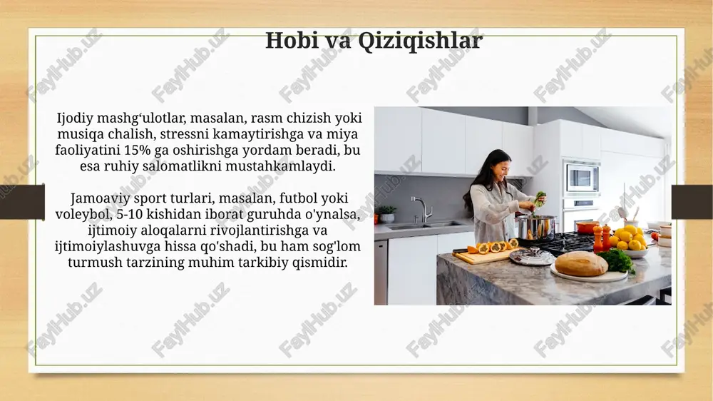 n muntazam aloqada bo'lish juda muhim. muvozanatli hayot tarzi muvozanatli hayot tarzini saqlash uchun kuniga kamida 7-8 soat sifatli uyqu, yurak-qon tomir salomatligi uchun haftada kamida 150 daqiqa jismoniy mashqlar zarur. sog'lom ovqatlanish muvozanatli hayot tarzining asosiy tarkibiy qismidir; kunlik kaloriyangizning 40-50% ni murakkab uglevodlar tashkil qilishi kerak. e'tiboringiz uchun rahmat @taqdimot_robot image7.jpg image8.jpg image9.jpg image10.jpg image11.jpg image12.jpg image13.jpg image14.jpg image15.jpg image16.jpg image17.jpg image18.jpg image19.jpg image20.jpg image21.jpg image22.jpg image23.jpg image3.png image4.png
