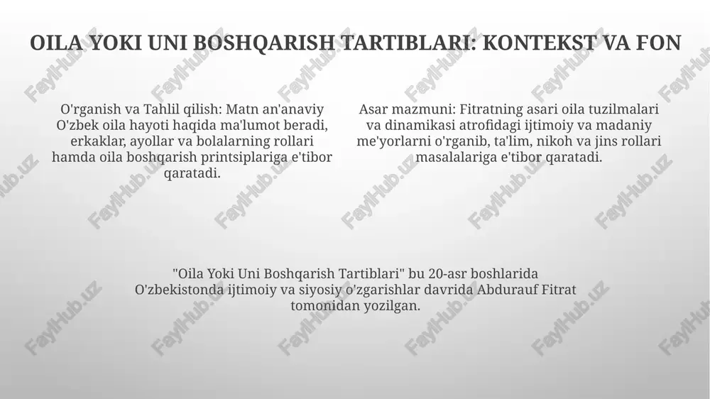ti. oila hayotida an'ana va zamonaviylik rolini ta'kidlash. o'zgarib borayotgan jamiyatda oilaviy munosabatlarni o'rganish. patriarxal tuzilmalarni va ularning ayollarga va jamiyatga ta'sirini tahlil qilish. tarixiy kontekst va ijtimoiy tanqid erta sovet davrida markaziy osiyoda sodir boʻlayotgan keng miqyosli ijtimoiy va siyosiy oʻzgarishlarni aks ettirish. 20-asr boshlarida oʻzbekistondagi jamiyat normalari va oilaviy munosabatlarni oʻrganish. an'anaviy amallarni tanqid qilish va zamonaviy, progressiv oila tuzilmalarini himoya qilish. e'tiboringiz uchun rahmat @taqdimot_robot image1.png image2.png image3.png
