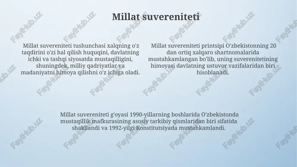 ynaydi, xususan, 1948 yilgi umumiy inson huquqlari deklaratsiyasi kabi xalqaro huquqiy hujjatlar davlatlarning ichki ishlarga aralashmaslik tamoyiliga asoslanadi. suverenitet va inson huquqlari o'rtasidagi muvozanatni ta'minlash uchun 2 ta asosiy yondashuv mavjud: liberal va realistik. liberal yondashuv inson huquqlarini ustuvor deb biladi, realistik yondashuv esa davlat suverenitetini himoya qilishni afzal ko'radi. hududiy suverenitet hududiy suverenitet davlatning oʻz hududi ustidan toʻliq va mutlaq hokimiyatini, yaʼni 169 mamlakat tomonidan tan olingan chegaralar doirasida qonun chiqarish, ijro etuvchi va sud hokimiyatini amalga oshirish huquqini anglatadi. hududiy suverenitet, xalqaro huquqning asosiy prinsiplaridan biri boʻlib, davlatlararo munosabatlarda 2 ta asosiy element: hududiy yaxlitlik va siyosiy mustaqillikni oʻz ichiga oladi. hududiy suverenitetning muhim jihatlaridan biri, davlatning oʻz hududiga begona aralashuvlarga nisbatan 30 dan ortiq xalqaro shartnomalar bilan himoyalangan mustaqilligini taʼminlashdir. harbiy suverenitet xorijiy davlatlarning harbiy aralashuvisiz, milliy mudofaa strategiyasini mustaqil ravishda shakllantirish va amalga oshirish – harbiy suverenitetning muhim tarkibiy qismidir. bu, davlatning 5 ta asosiy harbiy …