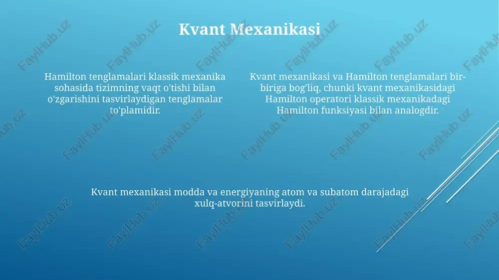 shini uning hamiltoniyaniga nisbatan tasvirlaydigan tenglamalar to'plami. klassik chegara: kvant mexanikasi katta energiyalar va shkalalarda klassik mexanika bilan birlashganda. hamilton tenglamalari klassik chegarasi: kvant mexanik tizim hamilton tenglamalari bilan tavsiflangan klassik tizim kabi harakat qilganda. kanonik koordinatalar kanonik koordinatalar: tizim holatini tasvirlash uchun ishlatiladigan umumlashtirilgan koordinatalar va impulslar. hamilton tenglamalari: sistemning kanonik koordinatalarining vaqt o'zgarishini boshqaradigan birinchi tartibli differentsial tenglamalar to'plami. kanonik koordinatalar: klassik mexanika masalalarini, ayniqsa saqlanish qonunlari va simmetriyalarni o'z ichiga olganlarni tushunish va hal qilish uchun ramka yaratadi. gamilton funktsiyasi bu tenglamalar klassik mexanika uchun asosiy hisoblanadi va kvant mexanikasi va optika kabi fizikaning ko'plab sohalarida qo'llaniladi. hamilton tenglamalari vaqt o'tishi bilan tizimning evolyutsiyasini tavsiflaydigan, gamilton funktsiyasidan foydalanadigan differentsial tenglamalar to'plamidir. hamilton funktsiyasi tizimning umumiy energiyasini tavsiflovchi matematik ifoda. e'tiboringiz uchun rahmat @taqdimot_robot