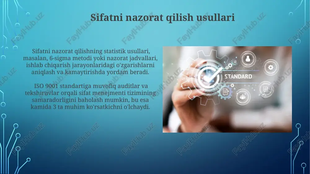 ashkilotning barcha darajalariga, shu jumladan, 50 dan ortiq xodimga tarqatishni nazarda tutadi. sifat menejmenti jarayonlarning samaradorligini 15-20% ga oshirish, xarajatlarni 10% ga kamaytirish va mijozlar qoniqishini 30% ga yaxshilash imkonini beradi. sifatni boshqarish usullari pareto tahlili sifat muammolarining 80% sabablari 20% manbalardan kelib chiqishini aniqlash va ularga e’tiborni qaratish orqali samaradorlikni oshiradi. kaizen yondashuvi kichik, doimiy yaxshilanishlarni amalga oshirish orqali jarayonlarni optimallashtirishga va sifat ko'rsatkichlarini 15% gacha yaxshilashga imkon beradi. e'tiboringiz uchun rahmat @taqdimot_robot image3.jpg image4.jpg image5.jpg image6.jpg image7.jpg image8.jpg image9.jpg image10.jpg image11.jpg image12.jpg image13.jpg image14.jpg image15.jpg image16.jpg image17.jpg image18.jpg image19.jpg image2.png