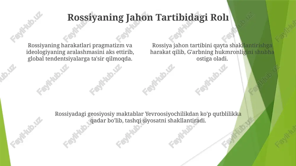 dan ko'rsatadi. rossiya geosiyosatining hozirgi yo'nalishlari milliy xavfsizlikni mustahkamlash, "yaqin xorij"da ta'sirini kengaytirish va g'arbga qarshi chiqishga qaratilgan. rossiyaning geosiyosiy kelajagi noaniq, ichki siyosat, iqtisodiy qiyinchiliklar va xalqaro munosabatlar kabi omillar ta'sirida. "yangi sovuq urush" va rossiyaning javobi "yangi sovuq urush" g'arb va rossiya o'rtasidagi iqtisodiy sanktsiyalar, harbiy qurollanish va mafkuraviy to'qnashuvlar bilan tavsiflangan keskinlikni anglatadi. rossiyaning javobi harbiy modernizatsiya, g'arbdan tashqari davlatlar bilan aloqalarni mustahkamlash va g'arb tajovuziga qarshi milliy manfaatlarni himoya qilish haqidagi bayonotni o'z ichiga oladi. rossiyaning javobi harbiy modernizatsiya, g'arbdan tashqari davlatlar bilan aloqalarni mustahkamlash va g'arb tajovuziga qarshi milliy manfaatlarni himoya qilish haqidagi bayonotni o'z ichiga oladi. 21-asrda rossiya tashqi siyosati harbiy modernizatsiya va rossiya kuchining dunyo miqyosidagi qayta tiklanishi, ko'pincha qrimni anneksiya qilish va suriyaga aralashish kabi tajovuzkor harakatlar orqali. ko'p qutblilik va yevroosiyo integratsiyasi, aqsh ta'sirini kamaytirish va sobiq sovet respublikalari bilan yaqin aloqalarni rivojlantirishga qaratilgan. xitoy bilan strategik sheriklik, g'arbga qarshi muvozanat …