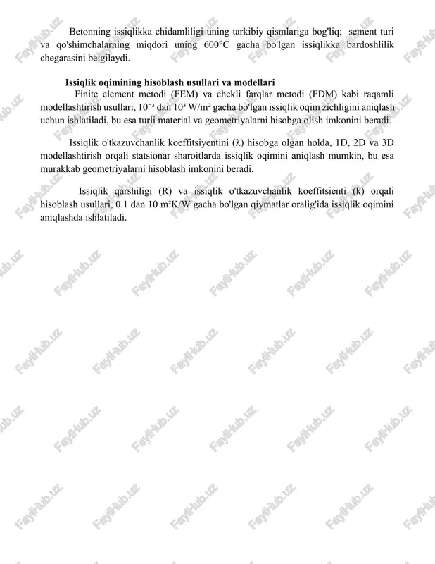 k) atrofida. betonning issiqlikka chidamliligi uning tarkibiy qismlariga bog'liq; sement turi va qo'shimchalarning miqdori uning 600°c gacha bo'lgan issiqlikka bardoshlilik chegarasini belgilaydi. issiqlik oqimining hisoblash usullari va modellari finite element metodi (fem) va chekli farqlar metodi (fdm) kabi raqamli modellashtirish usullari, 10⁻³ dan 10³ w/m² gacha bo'lgan issiqlik oqim zichligini aniqlash uchun ishlatiladi, bu esa turli material va geometriyalarni hisobga olish imkonini beradi. issiqlik o'tkazuvchanlik koeffitsiyentini (λ) hisobga olgan holda, 1d, 2d va 3d modellashtirish orqali statsionar sharoitlarda issiqlik oqimini aniqlash mumkin, bu esa murakkab geometriyalarni hisoblash imkonini beradi. issiqlik qarshiligi (r) va issiqlik o'tkazuvchanlik koeffitsienti (k) orqali hisoblash usullari, 0.1 dan 10 m²k/w gacha bo'lgan qiymatlar oralig'ida issiqlik oqimini aniqlashda ishlatiladi. 📌xulosa statsionar sharoitdagi o'rab turuvchi konstruktsiyalarning issiqlikka chidamliligi o'rganilib, natijalar konstruktsiyalarning issiqlik o'tkazuvchanligi va issiqlik saqlash xususiyatlariga bog'liqligini ko'rsatdi. 📚foydalanilgan adabiyotlar 1. statsionar sharoitlarda o'rab turuvchi konstruksiyalarining issiqlikka chidamliligi bo'yicha tadqiqotlar. 2. statsionar rejimda issiqlik o'tkazuvchanligi va o'rab …