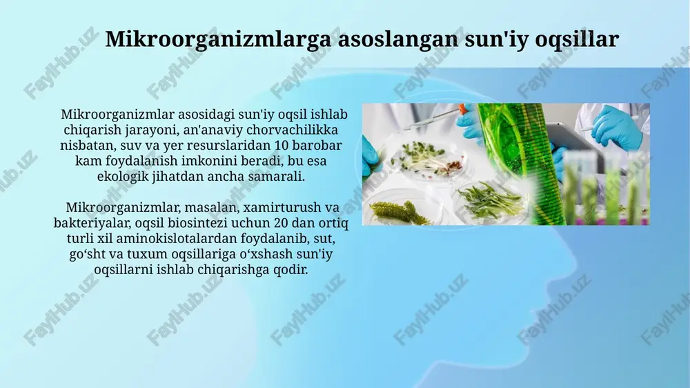 yordamida fermentatsiya orqali olingan oqsil mahsulotlarining ozuqaviy qiymati 2-3 barobar oshishi mumkin. sun'iy oqsil manbalarining turlari sun'iy go'sht ishlab chiqarishda, masalan, "impossible burger" kabi mahsulotlarda soya, no'xat va zig'ir kabi 2-3 ta asosiy o'simlik oqsillari qo'llaniladi. hashamatli tovar sifatida ko'rib chiqiladigan hasharotlar, ularning tarkibida 60% ga yaqin protein bo'lganligi sababli, istiqbolli sun'iy oqsil manbai hisoblanadi. e'tiboringiz uchun rahmat @taqdimot_robot image2.jpg image3.jpg image4.jpg image5.jpg image6.jpg image7.jpg image8.jpg image9.jpg image10.jpg image11.jpg image12.jpg image13.jpg image14.jpg image15.jpg image16.jpg image1.png