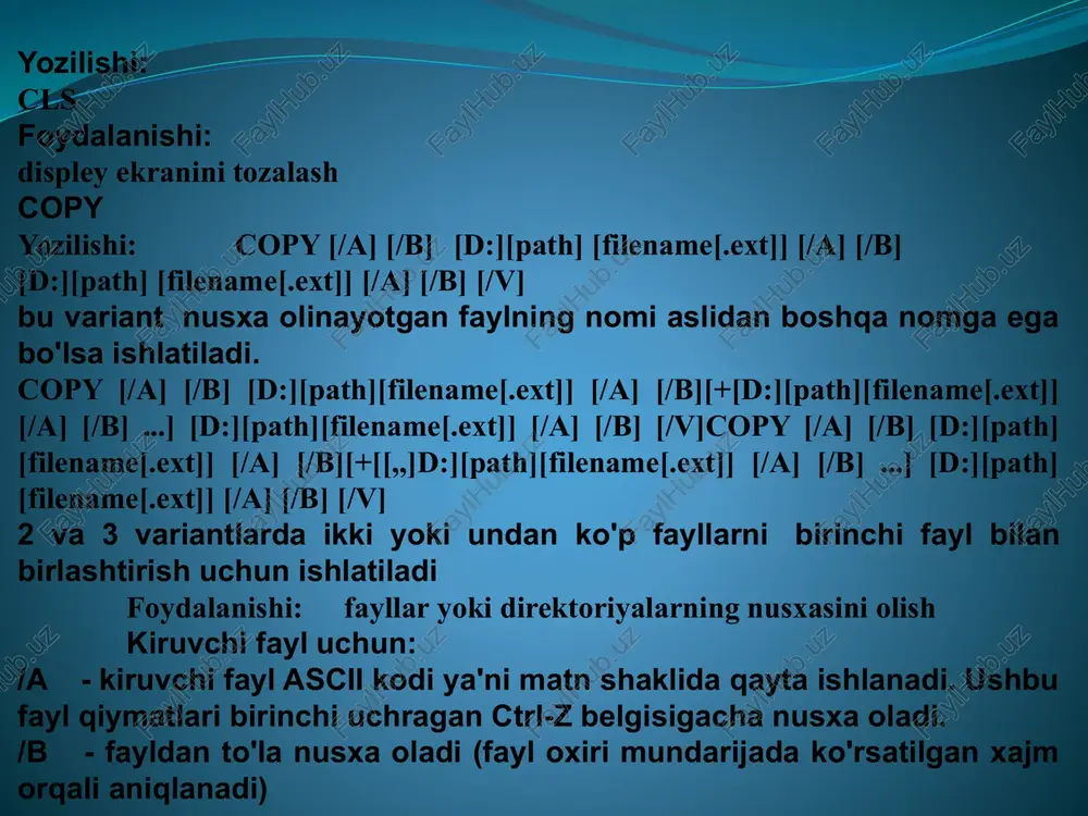 sessor buyruqlar ichiga quyish share yozilishi: [d:] [path] share [/f:filespace] [/l:locks] foydalanishi: fayllarni tashkil qilishni qo'llash va ochiq fayllar bilan foydalanishni tashkil qilish x'30' (faylni ochish) tizimli chaqiruvi bilan fayllar bilan foydalaniladi. /f:filespace - fayllarni tashkil qilishini qo'llashda baytlarda oraliqni belgilash (ko'rsatilmasa =2048 bayt) /l:block - kanallar sonini belgilash (ko'rsatilmasa =20) shell yozilishi: shell=[d:] [path] filename.ext foydalanishi: qo'shimcha buyruqlar protsessorini qo'llash time yozilishi: time [hh:mm[:ss[.xx]]] foydalanishi: vaqtni kirtish hh - soat mm - minut ss - sekunda xx - sekundaning yuzdan bir qismi type yozilishi: type [d:] [path] filename [.ext] foydalanishi: fayl matnini monitorga chiqarish ctrl-prtsc bosilganda ekrandagi fayl matni chop etish qurilmasiga chiqadi version (ver) yozilishi: ver foydalanishi: joriy operatsion tizimining versiyasi xaqidagi axborotni monitor ekranida chiqarish verify yozilishi: verify [on | off] foydalanishi: barcha disk bilan bo'ladigan yozish opertsiyalarini tekshiruv rejimida bajarishni tashkil qilish (qayta o'qish va solishtirish) volume (vol) yozilishi: vol [d:] foydalanishi: belgilangan qurilmada disk nomini …