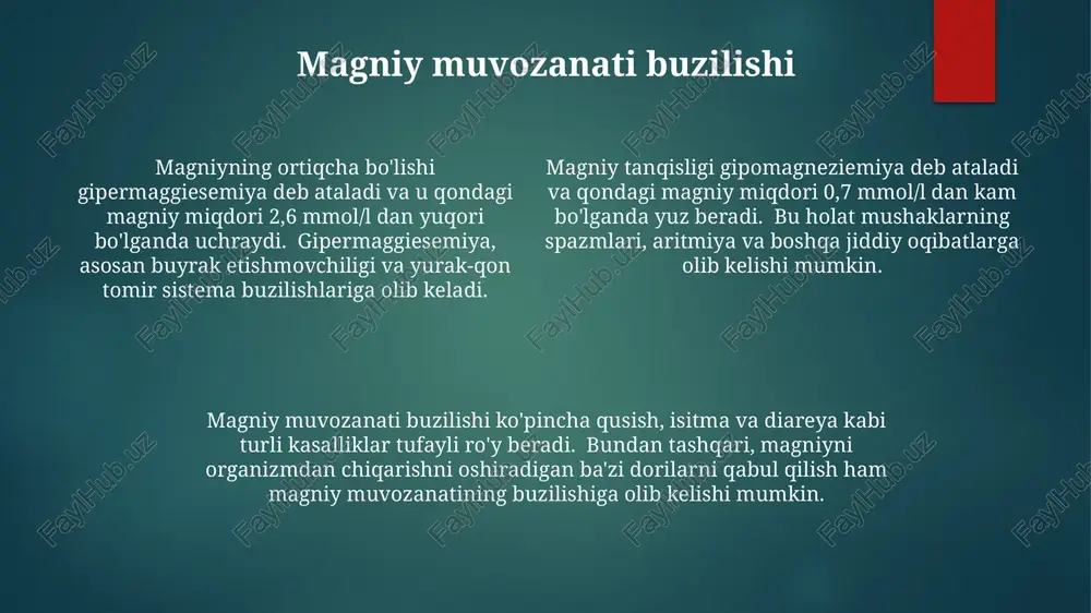 05 mmol/l oralig'ida bo'lib, uning buzilishi qonning ishqoriy-kislotali muvozanatini, gidroelektrolit muvozanatini buzishi mumkin. suv muvozanati buzilishi suvsizlanish (dehidratatsiya) organizmda suvning 10% dan koʻprogʻi yoʻqolganda yuz beradi va bu holat oʻlimga olib kelishi mumkin. bu jarayon nafaqat suv yoʻqotilishiga, balki elektrolitlar muvozanatining buzilishiga ham bogʻliq. giperoosmotik suvsizlanishda esa organizm suvga nisbatan elektrolitlarni koʻproq yoʻqotadi. bu holat haddan tashqari terlash, yuqori isitma yoki siydikning koʻp ajralishi bilan bogʻliq boʻlishi mumkin. qon plazmasining osmotik bosimi esa ortadi. gipoosmotik suvsizlanishda organizm suv va elektrolitlarni birday yoʻqotadi. suvsizlanishning bu turi odatda qayt qilish, diareya yoki haddan tashqari terlash kabi holatlarda uchraydi. qon plazmasidagi osmotik bosim pasayadi, natijada hujayralardan suv chiqadi. fosfor muvozanati buzilishi qondagi fosfat miqdori 0,8-1,4 mmol/l oralig'ida bo'lib, buyraklar va ichakdagi reabsorbsiya (qayta so'rilishi) jarayonlari, parathyroid bezining (qalqonsimon bezning) faoliyati bilan bog'liq. bu jarayonlar buzilganda, qondagi fosfat miqdori keskin o'zgaradi. gipo- va giperfosfatemiya, ya'ni qondagi fosfat miqdorining pasayishi yoki ko'tarilishi (me'yordan past va …