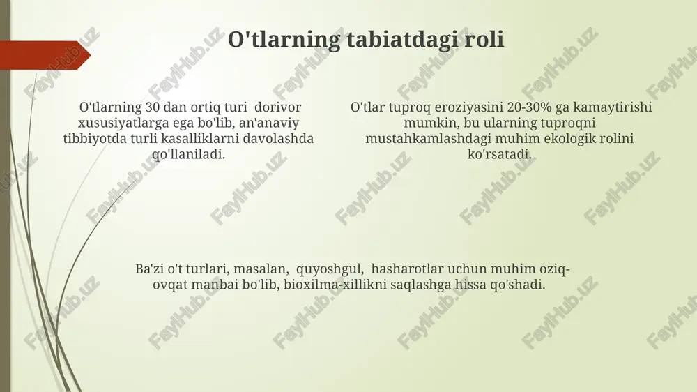 ib, tinchlantiruvchi ta'sir ko'rsatadi. an'anaviy tibbiyotda ishlatiladigan o'tlarning 70% dan ko'prog'i antioksidant xususiyatlarga ega bo'lib, erkin radikallarga qarshi kurashishda muhim rol o'ynaydi. o'tlarning 300 dan ortiq turi an'anaviy tibbiyotda yallig'lanishga qarshi, og'riq qoldiruvchi va antiseptik vosita sifatida qo'llaniladi. kimyoviy o't o'tlarga qarshi kurash kimyoviy o't o'tlarga qarshi kurashda 2,4-d va glyfosat kabi gerbitsidlarning 70% gacha samaradorligi kuzatilgan, ammo ularning ekologik ta'siri ham hisobga olinishi kerak. o't-o'lanlarga qarshi kimyoviy vositalarning noto'g'ri qo'llanilishi tuproqning unumdorligini 15-20% ga kamaytirishi va yer osti suvlarini ifloslantirishi mumkin. kimyoviy usullar bilan o't-o'lanlarga qarshi kurashda, o'simliklarning 90% gacha yo'q qilinishi mumkin bo'lsa-da, zararkunandalarga chidamli yangi navlar paydo bo'lishi xavfi mavjud. biologik o't o'tlarga qarshi kurash biologik usullar kimyoviy herbitsidlarga nisbatan atrof-muhitga kamroq ta'sir ko'rsatadi va 30% gacha kamroq xarajatlarni talab qiladi, ammo ularning ta'siri sekinroq namoyon bo'ladi. biologik o't-o'tlarga qarshi kurashda foydalaniladigan 20 dan ortiq turdagi mikroorganizmlar, masalan, bacillus thuringiensis kabi bakteriyalar, zararkunandalar populyatsiyasini samarali nazorat qilishda …