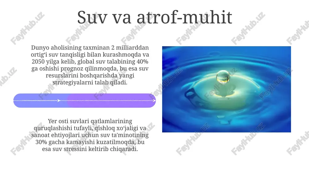 larining 97 foizi shoʻr suv boʻlib, insonlar uchun bevosita foydalanishga yaroqsiz hisoblanadi, faqat 3 foizi chuchuk suvdir, shundan atigi 1 foizi yer osti suvlaridan iborat. dunyo aholisining taxminan 2 milliard kishisi suv tanqisligi muammosiga duch kelmoqda va 2050 yilga kelib bu raqam 5 milliardgacha oshishi taxmin qilinmoqda. suv siyosati va qonunchiligi suvdan foydalanish huquqini beruvchi litsenziyalarning berilish tartibi va shartlari, shuningdek, suv to’lovlari miqdori aniq normativ-huquqiy hujjatlarda belgilab qo’yilgan. davlat suv kadastri yagona axborot tizimi sifatida suv resurslarining miqdori va sifatini aniqlash, monitoringini olib borish va boshqarishda muhim rol o’ynaydi. e'tiboringiz uchun rahmat @taqdimot_robot image4.jpg image5.jpg image6.jpg image7.jpg image8.jpg image9.jpg image10.jpg image11.jpg image12.jpg image13.jpg image14.jpg image15.jpg image16.jpg image17.jpg image18.jpg image19.jpg image20.jpg image1.jpeg image2.jpeg image3.jpeg