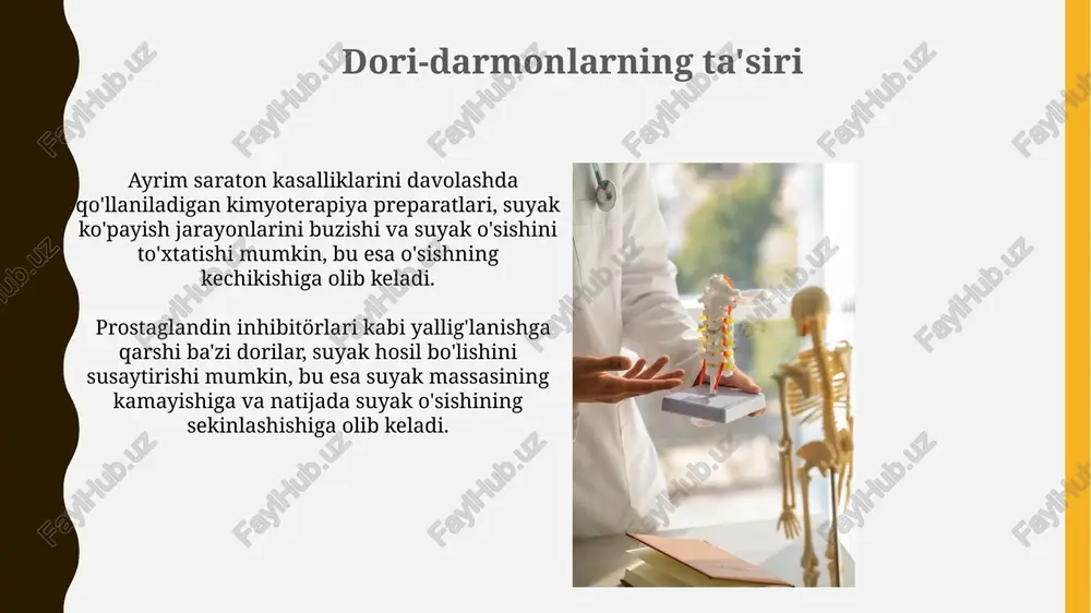 yak matritsasini sintezlaydi. osteoblastlar va osteoklastlar faoliyati oʻrtasidagi muvozanat, suyak massasi va zichligini saqlash uchun juda muhim boʻlib, bu muvozanatning buzilishi 10 dan ortiq suyak kasalliklariga olib kelishi mumkin. gormonlarning ta'siri jinsiy gormonlar (estrogen va testosteron) suyak o'sishining tezlashuviga va keyinchalik o'sishning to'xtashiga olib keladi; ular suyak mineral zichligini oshiradi va suyak tuzilishini mustahkamlaydi. o'sish gormoni (gh) suyak uzunligining 70% gacha bo'lgan qismini ta'minlaydi va xondrotsitlarning proliferatsiyasi va differentsiatsiyasini rag'batlantiradi, bu esa uzunlamasına suyak o'sishiga yordam beradi. kasalliklarning ta'siri revmatik kasalliklar, masalan, revmatoid artrit, yallig'lanish jarayonlari orqali suyaklarning erishiga olib keladi, bu esa suyak massasining yo'qolishiga va suyak tuzilishiga 20-30% zarar yetkazishi mumkin. gipoparatireoz, paratiroid bezlarining yetarli miqdorda parathyroid gormonini ishlab chiqarmasligi natijasida, suyak mineralizatsiyasini buzadi va osteomalasiyaga olib keladi, bu esa suyak zichligini sezilarli darajada kamaytiradi. e'tiboringiz uchun rahmat @taqdimot_robot image1.jpg image2.jpg image3.jpg image4.jpg image5.jpg image6.jpg image7.jpg image8.jpg image9.jpg image10.jpg image11.jpg image12.jpg image13.jpg image14.jpg image15.jpg image16.jpg image17.jpg