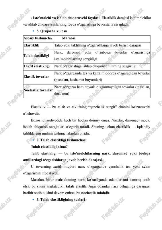 ga o‘tadi. daromadga sezgir bo‘lgan tovarlar normal tovarlar, daromad oshganda iste’moli kamayadigan tovarlar esa past sifatli (inferior) tovarlar deyiladi. masalan, odamning daromadi oshsa, u endi arzon makaron emas, balki qimmat go‘shtli taomlar iste’mol qiladi. c) o‘rinbosar va qo‘shimcha tovarlar elastikligi bu tur ikki tovar o‘rtasidagi munosabatni ko‘rsatadi. agar bir tovar narxi oshsa, o‘rnini bosadigan boshqa tovarlarga talab ortadi (masalan, choy narxi oshsa, qahvaga talab ortadi). bu holatda ular o‘rinbosar tovarlar deyiladi. agar bir tovar narxi oshsa va boshqa tovarning talabi ham kamayib ketsa (masalan, avtomobil va benzin), ular qo‘shimcha tovarlar bo‘ladi. 🔹 4. talab elastikligiga ta’sir etuvchi omillar talabning sezgirligi (ya’ni elastikligi) bir qancha omillarga bog‘liq: 1. tovarning zarurlik darajasi – hayot uchun zarur tovarlar (non, dori, suv) narxdan qat’i nazar sotib olinadi. shuning uchun ular noelastik. hashamat yoki ikkinchi darajali tovarlar (zargarlik buyumlari, parfyumeriya, moda kiyimlar) esa elastik. 2. o‘rinbosar tovarlar soni – agar bir mahsulot o‘rnini bosadigan boshqa …