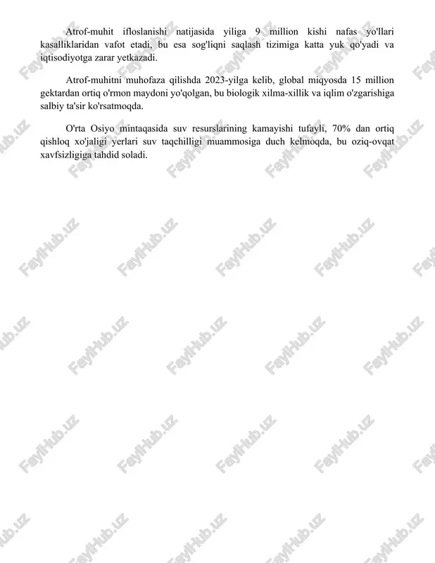 biy ta'sir ko'rsatmoqda. o'rta osiyo mintaqasida suv resurslarining kamayishi tufayli, 70% dan ortiq qishloq xo'jaligi yerlari suv taqchilligi muammosiga duch kelmoqda, bu oziq-ovqat xavfsizligiga tahdid soladi. 📌xulosa inson tabiatning bir bo'lagi bo'lib, uning rivojlanishi va himoyasida mas'uldir. tabiat bilan hamohang yashash – insoniyat kelajagining garovidir. muvozanatni saqlash muhim. 📚foydalanilgan adabiyotlar 1. navoiy, alisher. xamsa. 2. beruniy, abu rayxon. qonun al-masofir. 3. firdavsiy, abulqosim. shohnoma. 4. sa'diy sheroziy. guliston va bo'ston. 5. jomiy, abdurraxmon. bahoriston. 6. rumiy, jaloliddin. masnaviy. 7. nizomiy ganjaviy. xamsa. 8. kamoliddin behzod. rasmlar to'plami