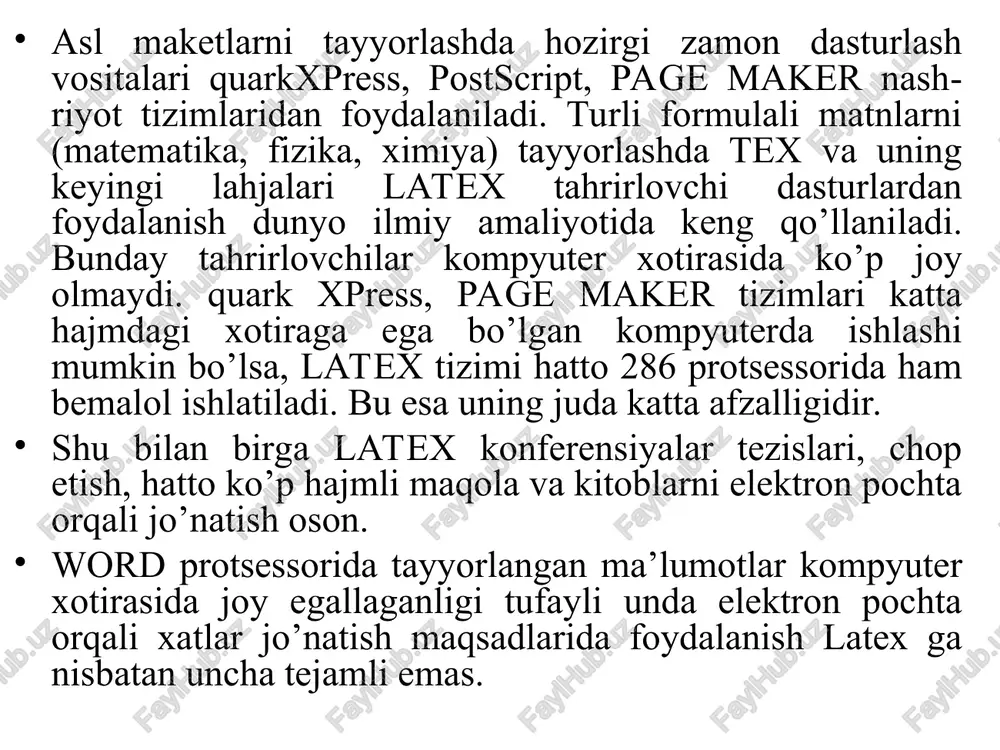 turidan har bir sahifaning umumiy ko’rinishini tayyorlashda foydalaniladi. sahifaning umumiy ko’rinishini tayyorlash uchun bizda qo’lyozmaning hajmi hamda surat va illustratsiyalar haqida ma’lumot bo’lishi kerak. sahifani nashrga tayyorlash uchun qo’lyozmaning matn va suratlarini qanday tartibda joylashtirish masalasini hal qilish kerak bo’ladi. ana shundan so’ng page maker yordamida asl nusxa maketi tayyorlanadi. qo’lyozma hajmi ma’lum bo’lsa, sahifaning katta-kichikligini, suratlar egallaydigan qismni, har bir sahifadagi ustunlar soni va bosib chiqarish ko’rinishini aniqlashimiz va sarlavhalarni turli ko’rinishda yozishni mashq qilishimiz mumkin. page maker dasturida 17 xil ko’rinishda to’g’ri chiziq, aylana va to’g’ri to’rtburchaklarni chizishimiz mumkin. shtrixlashning turli variantlari bor, hamda turli grafik muharrirlarda tayyorlangan chizmalardan foydalanishimiz mumkin. qo’lyozmani kiritish va tahrir qilish page maker dasturi uchun matnni ixtiyoriy matn muharririda tayyorlash mumkin. matn muharrirlari matnni kiritish, tahrirlash va formatlash uchun maxsus tuzilgan dasturdir. lekin bu muharrirlar yordamida bir sahifada turli shriftlarda yozish qiyinchilik tug’diradi, yoki matnning bir qismini ramkaga olish yoki bo’lmasa ustunlar orasida …