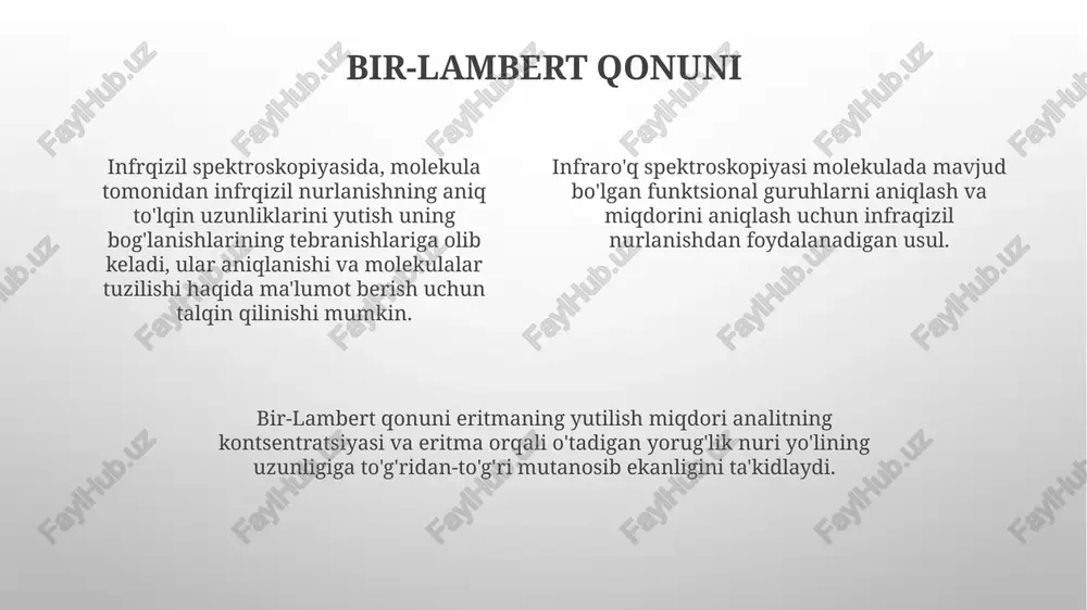 dir. ushbu usul namuna tomonidan infraqizil nurlanishning so'rilishi yoki o'tishi o'lchanadi. ushbu usul namuna tomonidan infraqizil nurlanishning so'rilishi yoki o'tishi o'lchanadi. namuna tayyorlash texnikalari to'liq ichki akslanish (atr): namuna kristallga to'g'ridan-to'g'ri tegib, yorug'lik ichkariga akslanadi va namuna bilan o'zaro ta'sir qiladi. suyuq plyonka texnikasi: suyuq namunani ikki tuz plastinkasi orasiga qo'yiladi, nur suyuqlikdan o'tadi. kbr pellet texnikasi: namuna kbr kukuni bilan aralashtiriladi va pelletga bosiladi. barmoq izi hududi bu turli xil birikmalarni aniqlash va farqlash uchun ishlatiladi. ir spektroskopiyasidagi "barmoq izi hududi" 1400-400 sm-1 oralig'ida joylashgan. bu hudud har bir molekula uchun murakkab va o'ziga xosdir. infrarot spektroskopiyasi ga kirish ir spektroskopiyasi kimyo, materiallarshunoslik va atrof-muhitni kuzatish kabi turli sohalarda noma'lum birikmalarni aniqlash, molekulyar tuzilishni o'rganish va reaktsiya kinetikasini tahlil qilish uchun ishlatiladi. infraqizil spektroskopiyasi (ir) namunadagi turli molekulalarni ularning o'ziga xos tebranish chastotalariga asoslanib aniqlash va miqdorini aniqlash uchun infraqizil nurdan foydalanadi. ir nurlanish molekulalarni ma'lum chastotalarda tebranishga majbur …