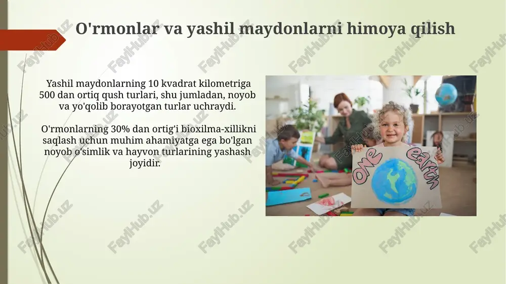 sh va ularning yashash joylarini himoya qilish bo'yicha amaliy ko'nikmalarni o'rgatish orqali bioxilma-xillikni saqlashga hissa qo'shish mumkin. tabiiy resurslardan oqilona foydalanish o'rmonlarni kesish darajasini yiliga 15% ga kamaytirish va qayta tiklash ishlarini kuchaytirish orqali ekologik muvozanatni saqlash va karbon emissiyasini kamaytirish mumkin. energiya iste'molini 20% ga kamaytirish uchun quyosh va shamol energiyasi kabi qayta tiklanuvchi energiya manbalaridan foydalanishni kengaytirish zarur. ekologik madaniyat asoslari ekologik madaniyatni rivojlantirishda tabiatni muhofaza qilishga oid 30 dan ortiq amaliy mashgʻulotlar, loyihalar va oʻyinlar qoʻllaniladi, bu esa nazariy bilimlarni mustahkamlashga xizmat qiladi. dasturda bioxilma-xillikni saqlash, tabiiy resurslardan oqilona foydalanish, 7 ta asosiy ekologik muammoni hal qilishga oid bilimlar beriladi. interfaol o'quv vositalaridan foydalanish virtual va kengaytirilgan reallik texnologiyalari yordamida 5-10 yoshli bolalarga hayvonlarning tabiiy muhitini 360° ko'rish imkoniyati beriladi, bu esa ularning ekologik ongiga ijobiy ta'sir ko'rsatadi. interfaol o'quv vositalari, masalan, onlayn o'yinlar va simulyatsiyalar, o'quv jarayonini 30% ga qadar qiziqarliroq va samaraliroq qilishi mumkin, bu …