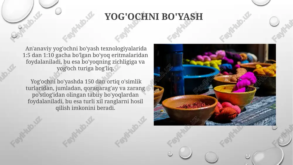 s sifatida, tabiiy bo'yoqlarning o'ziga xos ranglarini olish uchun o'simliklarni tayyorlash va ularni matolarga singdirish jarayonlari avloddan-avlodga o'tib, murakkab texnologiyalar va bilimlarni o'z ichiga olgan. ipni bo'yash "ipni bo'yash" usulida 10 dan ortiq o'simlik va mineral pigmentlar qo'llaniladi, ularning har biri turli xil ranglar palitrasini yaratadi, masalan, qizil, sariq va jigarrang soyalar. ipni bo'yash jarayoni, bo'yoqning turli konsentratsiyalari va temperatura rejimlaridan foydalanish orqali, 50 dan ortiq rang ohanglarini olish imkonini beradi. mineral bo'yoqlardan foydalanish ba'zi mineral bo'yoqlar, xususan, kaltsiy karbonat, matolarga mustahkamlik berish uchun mordant sifatida ham qo'llaniladi, bu esa rangning chidamliligini 20% ga oshiradi. mis sulfat kabi mineral bo'yoqlar, ipak va jun kabi tabiiy tolalarni bo'yashda 50°c dan 100°c gacha harorat oralig'ida qo'llaniladi va bu jarayon rangning mustahkamligini ta'minlaydi. e'tiboringiz uchun rahmat @taqdimot_robot image3.png image4.jpg image5.jpg image6.jpg image7.jpg image8.jpg image9.jpg image10.jpg image11.jpg image12.jpg image13.jpg image14.jpg image15.jpg image16.jpg image17.jpg image18.jpg image19.jpg image20.jpg image1.png