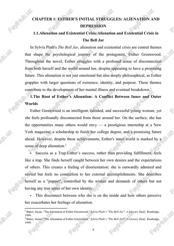 just emotional but also deeply philosophical, as esther grapples with larger questions of existence, identity, and purpose. these themes contribute to the development of her mental illness and eventual breakdown. 1.the root of esther’s alienation: a conflict between inner and outer worlds esther greenwood is an intelligent, talented, and successful young woman, yet she feels profoundly disconnected from those around her. on the surface, she has the opportunities many others would envy — a prestigious internship at a new york magazine, a scholarship to finish her college degree, and a promising future ahead. however, despite these achievements, esther's inner world is marked by a sense of deep alienation. · success as a trap:esther’s success, rather than providing fulfillment, feels like a trap. she finds herself caught between her own desires and the expectations of others. this creates a feeling of disorientation: she is outwardly admired and envied but feels no …