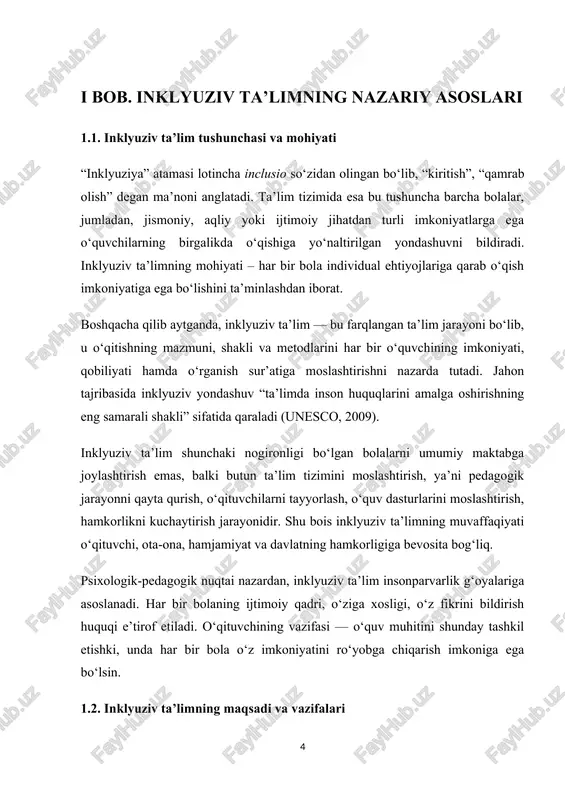 ish huquqi e’tirof etiladi. o‘qituvchining vazifasi — o‘quv muhitini shunday tashkil etishki, unda har bir bola o‘z imkoniyatini ro‘yobga chiqarish imkoniga ega bo‘lsin. 1.2. inklyuziv ta’limning maqsadi va vazifalari inklyuziv ta’limning bosh maqsadi — ta’limda teng imkoniyatlarni yaratish, har bir bolaning ijtimoiy moslashuvi va to‘laqonli rivojlanishini ta’minlashdir. bunda nafaqat nogironligi bo‘lgan o‘quvchilar, balki ijtimoiy, iqtisodiy, madaniy jihatdan turli sharoitdagi bolalar ham qamrab olinadi. inklyuziv ta’lim quyidagi asosiy vazifalarni bajaradi: 1. ta’lim jarayonini barcha bolalarning individual ehtiyojlariga moslashtirish. 2. maxsus ehtiyojli o‘quvchilar uchun moslashtirilgan metodika va o‘quv vositalarini joriy etish. 3. o‘qituvchilarda inklyuziv pedagogika kompetensiyalarini shakllantirish. 4. ota-onalar va mahalla bilan hamkorlikni yo‘lga qo‘yish. 5. ta’lim jarayonida diskriminatsiya, izolyatsiya va ajratish holatlariga yo‘l qo‘ymaslik. 6. inklyuziv ta’limda ijobiy ijtimoiy muhitni yaratish. bu jarayonning asosiy tamoyillari quyidagilardan iborat: · insonparvarlik va tenglik tamoyili — har bir bola qadrli; · moslashuvchanlik — ta’lim tizimi o‘quvchilarga moslashadi, aksincha emas; · hamkorlik — o‘qituvchi, ota-ona, …