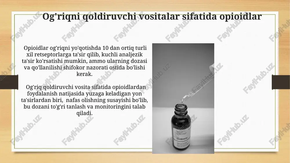 'sir ko'rsatdi. kelajakdagi tadqiqot yo'nalishlari kelajakdagi tadqiqotlar opioidlarning miya hujayralariga ta'siri mexanizmlarini, xususan, 30 dan ortiq opioid retseptorlari subtiplarining rolini aniqlashga qaratilishi kerak. sintetik opioidlarning uzoq muddatli foydalanishning genetik omillar bilan o'zaro bog'liqligi va 5-10 yillik kuzatuvlar asosida yangi davolash usullarini ishlab chiqish istiqbollari o'rganilishi zarur. narkotik moddalarning suiiste'mol qilinishiga olib keladigan omillar giyohvand moddalarga oson kirish imkoniyati, ayniqsa, noqonuniy bozorda mavjudligi va past narxlarda sotilishi, suiisteʼmol qilish ehtimolini sezilarli darajada oshiradi. oʻsmirlik davrida tengdoshlarning bosimi va ijtimoiy qabul qilinish istagi, giyohvand moddalarni isteʼmol qilishga undovchi kuchli omillar hisoblanadi, bu 15-25 yosh oraligʻidagi yoshlarda keng tarqalgan. narkotik moddalarning tibbiy qo'llanilishi opioid analjeziklar, masalan, morfin va kodein, kuchli og'riq qoldiruvchi vositalar sifatida og'ir jarohatlar va saraton kasalligi kabi holatlarda 10 mg dan 20 mg gacha dozalarda qo'llaniladi. ba'zi sintetik opioidlar, masalan, fentani va metadon, og'riqni boshqarishda va opiodlarga bog'liqlikni davolashda, kuniga 2-4 mg dozalarda buyuriladi. e'tiboringiz uchun rahmat @taqdimot_robot image7.jpg image8.jpg …