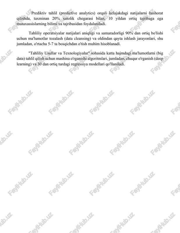 ayta ishlash jarayonlari, shu jumladan, o'rtacha 5-7 ta bosqichdan o'tish muhim hisoblanadi. "tahliliy usullar va texnologiyalar" sohasida katta hajmdagi ma'lumotlarni (big data) tahlil qilish uchun mashina o'rganishi algoritmlari, jumladan, chuqur o'rganish (deep learning) va 30 dan ortiq turdagi regressiya modellari qo'llaniladi. 📌xulosa tahliliy operatsiyalarning mazmuni va maqsadlari ma'lumotlarni chuqur tahlil qilish, natijalarni bashorat qilish va samarali qarorlar qabul qilishga xizmat qiladi. bu jarayonlar ilmiy tadqiqotlardan tortib, biznes strategiyalarigacha turli sohalarda muhim ahamiyatga ega. 📚foydalanilgan adabiyotlar 1. analitik operatsiyalarning mazmuni va maqsadlarini tahlil qilish bo'yicha ilmiy adabiyotlar. 2. tahliliy operatsiyalarning turlari va ularning amaliy qo'llanilishiga oid manbalar. 3. ma'lumotlarni tahlil qilish va talqin qilishga oid uslubiy qo'llanmalar. 4