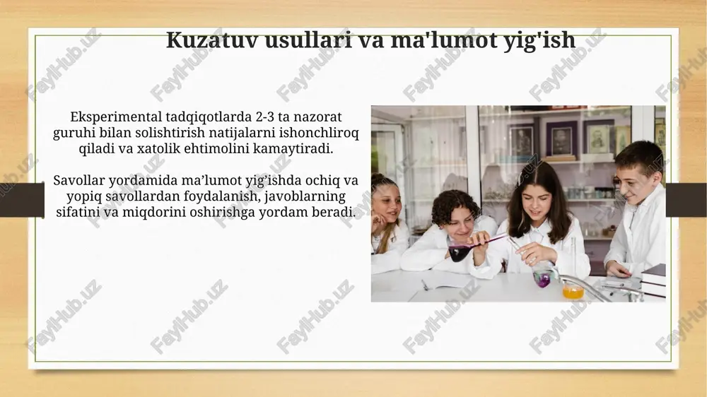 larini aniqlash orqali, o'quv dasturi va uslublarini takomillashtirishga yordam beradi. eksperimentlar o'tkazish va ma'lumot tahlili tajriba natijalarini tahlil qilishda kamida 30 ta kuzatish ma'lumotlarini to'plash tavsiya etiladi, bu statistik ahamiyatga ega natijalar olish ehtimolini oshiradi. o'quvchilarning mustaqil eksperimentlarini loyihalash va o'tkazish jarayonida xatoliklarni aniqlash va ularni kamaytirish usullarini o'rgatish, natijalarni 95% ishonch oralig'ida baholash muhim. sanoqli va sifatli ma'lumotlarni tahlil qilish regressiya tahlili kabi ko'p o'zgaruvchili usullar, ikki yoki undan ortiq o'zgaruvchilar orasidagi bog'liqlikni aniqlash va r-kvadrat koeffitsiyenti orqali bog'liqlik kuchini baholash imkonini beradi. kichik hajmdagi namunalar (masalan, n=30) statistik tahlil usullarining kuchini cheklaydi va natijalarning ishonchliligini pasaytiradi. e'tiboringiz uchun rahmat @taqdimot_robot image7.jpg image8.jpg image9.jpg image10.jpg image11.jpg image12.jpg image13.jpg image14.jpg image15.jpg image16.jpg image17.jpg image18.jpg image19.jpg image20.jpg image21.jpg image22.jpg image23.jpg image3.png image4.png