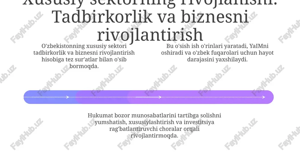 tisodiy o'sishi va farovonligi uchun inson kapitalini rivojlantirish juda muhim. o'zbekistonning uzoq muddatli iqtisodiy o'sishi va farovonligi uchun inson kapitalini rivojlantirish juda muhim. kelajak istiqbollari: iqtisodiy o'sish tendentsiyalari va prognozlari bozor munosabatlarini rivojlanishi xususiy sektor o'sishini va biznes muhitini yaxshilashga ko'maklashib, oldinga siljishini kutish mumkin. infrastruktura rivojiga, diversifikatsiyaga va inson kapitalini rivojlantirishga doimiy e'tibor berish barqaror iqtisodiy taraqqiyot uchun muhim ahamiyatga ega bo'ladi. o'zbekistonning iqtisodiy o'sishi tuzilmaviy islohotlar va muhim sohalarga investitsiyalar hisobiga davom etishi kutilmoqda. xalqaro hamkorlik: bozor rivojini qo'llab-quvvatlash xalqaro hamkorlik oʻzbekiston bozorini rivojlantirishda juda muhim. jahon bozorlari va mutaxassisliklarga kirish o'zbekiston iqtisodiy o'sishining asosiy omillari hisoblanadi. chet el investitsiyalari va sherikliklari orqali bozor munosabatlarini rivojlantirish ustuvor yo'nalish hisoblanadi. to'g'ridan-to'g'ri chet el investitsiyalari: kapital va texnologiya jalb qilish xorijiy investitsiyalar orqali bozor munosabatlarini rivojlantirish. o'zbekistonda iqtisodiy rivojlanish va o'sishni ta'minlash o'zbekistonga sarmoya va texnologiya jalb qilish e'tiboringiz uchun rahmat @taqdimot_robot image1.jpeg image2.jpeg image3.jpeg