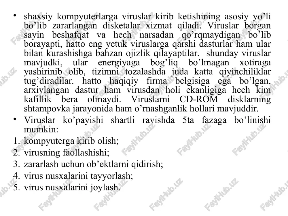 um buyruq qobiqlari muhitida bajariladi. avval bat – fayllari dos buyruqlari qobig’ida, xozirda vbs va js – skriptlari wsh (windows scri’ting host) buyruqlar qobig’ida. diskdagi faylli tizimini o’zgartiradigan viruslar odatda bunday viruslar dir deb ataladi. bu viruslar diskning biror-bir sohasida fayllarning oxiri sifatida yashirinadilar. ular ko’rsatgichlar boshini yozuv oxiriga olib o’tib qo’yadi va ndd (norton disk doctor) bilan tekshirganda diskning buzilganligi mahlum bo’ladi. ko’rinmas va o’zi differentsiallanuvchi viruslar stealth – viruslar doimo xotirada joylashgan xolda zararlangan faylga murojaatni tutib olib, undan o’sha zaxoti virus kodini o’chirib tashlab so’rovga javob tariqasida faylning dastlabki virussiz ko’rinishini uzatadi. shunday usulda bu viruslar o’zini kompyuterda borligini yashirishadi virus asosan ikkit qismdan iborat bo’lib, ularni biri virus ikkinchisi shifrlovchi deb ataladi. virusning xar bir nusxasi shifrlovchi, qandaydir kalit va shu kalit bilan shifrlangan virusdan tashkil topadi. o’zi differentsiallanuvchi viruslar esa, o’zini formasini takomillashtiradi. ko’p viruclar boshqalar uning ishlash mexanizmini sezib qolmasliklari uchun o’zining katta qismini …