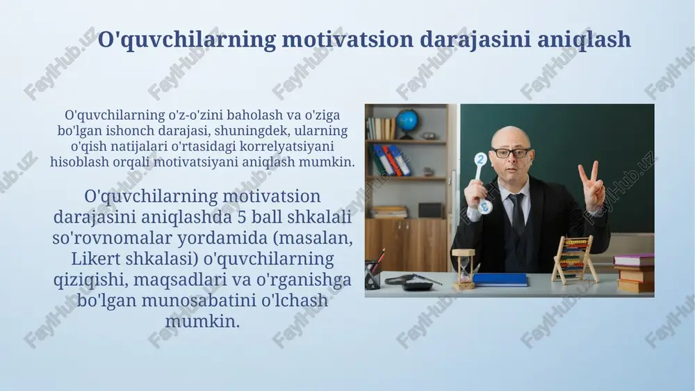 olda, turli xil o’quv uslublari va texnologiyalarini qo’llash samaralidir. o'z-o'zini boshqarish ko'nikmalarini rivojlantirish o'z-o'zini boshqarish ko'nikmalarini rivojlantirishda 5-10 yoshdagi bolalarda maqsad qo'yish va uni amalga oshirish bo'yicha 3 bosqichli mashqlar samarali natija beradi. o'z-o'zini boshqarish ko'nikmalarini rivojlantirishda individual yondashuv va bolalarning 4 ta asosiy temperament turini hisobga olish kerak, bu esa 20% gacha ijobiy ta'sir ko'rsatishi mumkin. motivatsiyani pasaytiruvchi omillar taqdirlash tizimining samaradorligi (material va nomaterial mukofotlar) o'quvchilarda 5 dan 10 ballgacha akademik natijalarni yaxshilashga undaydi. o'quv jarayonida o'zaro hamkorlik va raqobatning mavjudligi (masalan, guruhdagi loyihalar orqali) motivatsiyani 30-40% ga oshirishi mumkin. baholovchi tizimning ta'siri salbiy baholashning o'quvchilarga ta'siri ijobiy baholashga nisbatan 2 barobar kuchli bo'lib, ularning ishtirokini va o'rganishga bo'lgan qiziqishini pasaytirishi mumkin. baholash tizimining adolatliligi o'quvchilarning motivatsiyasiga 30% gacha ta'sir ko'rsatishi mumkin, bu esa yuqori ball olishga qaratilgan ichki raqobatni kuchaytiradi. e'tiboringiz uchun rahmat @taqdimot_robot image4.png image5.jpg image6.jpg image7.jpg image8.jpg image9.jpg image10.jpg image11.jpg image12.jpg image13.jpg image14.jpg image15.jpg image16.jpg …