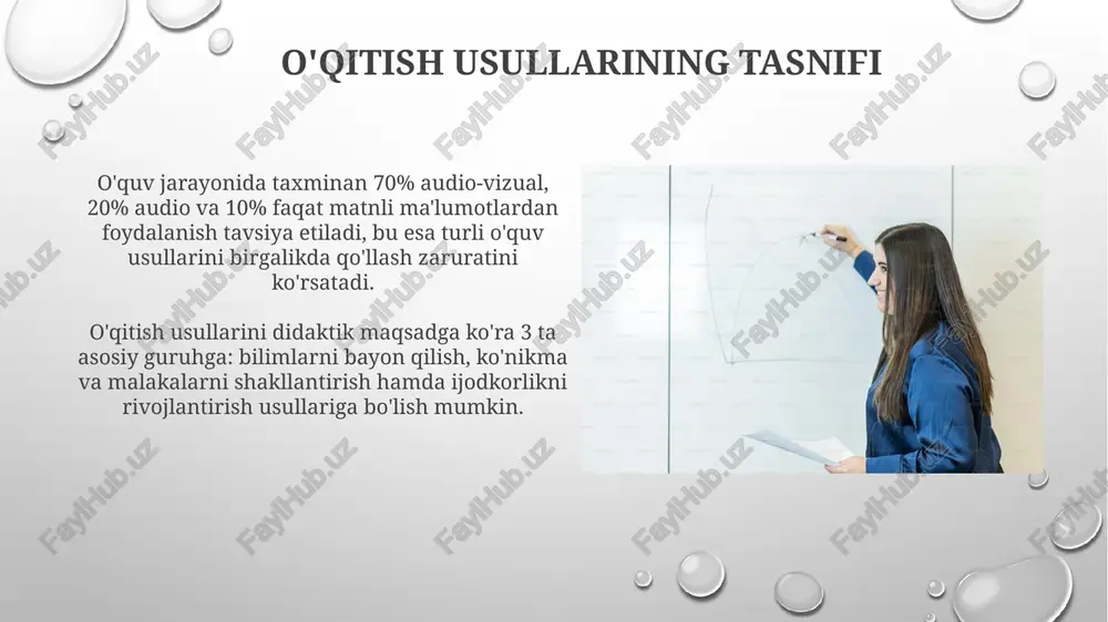 rming) va "debating" kabi usullar guruhli o'qitishning muhim tarkibiy qismlaridir, ular ijodkorlikni rivojlantirish va muammolarni hal qilish qobiliyatini 2-3 barobar oshiradi. guruhdagi rol taqsimlash (masalan, lider, yozuvchi, hisobotchi) individual mas'uliyatni oshirib, 5-10% ga har bir talabaning faol ishtirokini va umumiy o'zlashtirish darajasini yaxshilaydi. innovatsion o'qitish usullari problemli ta'lim, loyihaviy ta'lim va keys-stadi usullari 5-10 talik kichik guruhlarda o'qitishga asoslangan bo'lib, o'quvchilarning mustaqil fikrlash va muammo echish ko'nikmalarini rivojlantiradi. gamfikatsiya va geymifikatsiya elementlarini o'z ichiga olgan o'qitish metodlari 80% gacha o'quvchilarga dars mavzusini tez va samarali o'zlashtirish imkoniyatini beradi. e'tiboringiz uchun rahmat @taqdimot_robot image3.png image4.jpg image5.jpg image6.jpg image7.jpg image8.jpg image9.jpg image10.jpg image11.jpg image12.jpg image13.jpg image14.jpg image15.jpg image16.jpg image17.jpg image18.jpg image19.jpg image20.jpg image1.png
