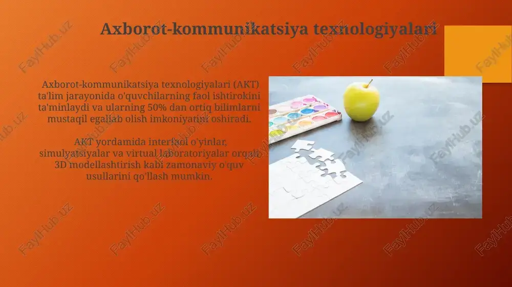 ojlantirishda samarali bo'lib, 80% dan ortiq ishtirokchilarda ijodiy yondashuvni kuchaytiradi. baholash metodlari formativ baholash jarayoni 6 ta modul bo'yicha amalga oshirilib, har bir modul uchun 10%dan ball yig'iladi va umumiy bahoga 60% ta'sir ko'rsatadi. summativ baholash (yakuniy nazorat) 40%ga teng bo'lib, unda test sinovlari, esse yozish, loyihalarni himoya qilish kabi 3 xil shakldagi topshiriqlar qo'llaniladi. e'tiboringiz uchun rahmat @taqdimot_robot image3.png image4.jpg image5.jpg image6.jpg image7.jpg image8.jpg image9.jpg image10.jpg image11.jpg image12.jpg image13.jpg image14.jpg image15.jpg image16.jpg image17.jpg image18.jpg image19.jpg image20.jpg image1.png