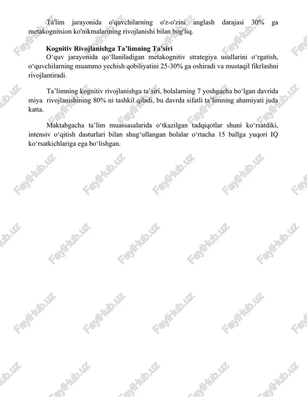 tegiya usullarini o‘rgatish, o‘quvchilarning muammo yechish qobiliyatini 25-30% ga oshiradi va mustaqil fikrlashni rivojlantiradi. ta’limning kognitiv rivojlanishga ta’siri, bolalarning 7 yoshgacha bo‘lgan davrida miya rivojlanishining 80% ni tashkil qiladi, bu davrda sifatli ta’limning ahamiyati juda katta. maktabgacha ta’lim muassasalarida o‘tkazilgan tadqiqotlar shuni ko‘rsatdiki, intensiv o‘qitish dasturlari bilan shug‘ullangan bolalar o‘rtacha 15 ballga yuqori iq ko‘rsatkichlariga ega bo‘lishgan. 📌xulosa ta'lim va psixologik rivojlanish o'rtasida kuchli bog'liqlik mavjud. sifatli ta'lim shaxsning kognitiv, ijtimoiy-emotsional va axloqiy rivojlanishiga ijobiy ta'sir ko'rsatadi, muvaffaqiyatli va moslashuvchan shaxs bo'lishga yordam beradi. 📚foydalanilgan adabiyotlar 1. bronfenbrenner, u. (1979). the ecology of human development. harvard university press. 2. piaget, j. (1952). the origins of intelligence in children. international universities press. 3. vygotsky, l. s. (1978). mind in society: the development of higher psychological processes