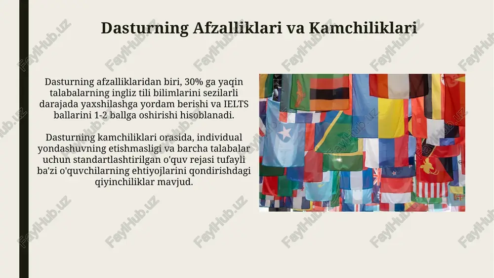 rini baholashda, o'rtacha ko'rsatkich hisoblanib, 3 dan kam ball to'plaganlar qayta ishlash uchun yuboriladi. ishtirokchilarni tanlash va tayyorlash tanlangan ishtirokchilarning 70%i oldin pedagogik faoliyat bilan shug'ullanmagan bo'lib, ularga maxsus metodik qo'llanmalar va treninglar taqdim etiladi. tayyorgarlik jarayoni 3 bosqichdan iborat bo'lib, har bir bosqichda testlar, amaliy mashg'ulotlar va muhokamalar o'tkaziladi, umumiy davomiyligi 100 soatni tashkil etadi. dasturning axloqiy aspektlari baholash jarayoni 70% nazariy bilim va 30% amaliy ko'nikmalarga asoslangan bo'lib, 100 balldan iborat. dastur, axloqiy xulq-atvorning 8 ta asosiy turini aniqlaydi va har bir tur uchun 20 dan ortiq misollar keltiradi, shuningdek, ularning oqibatlarini tahlil qiladi. e'tiboringiz uchun rahmat @taqdimot_robot image1.jpg image2.jpg image3.jpg image4.jpg image5.jpg image6.jpg image7.jpg image8.jpg image9.jpg image10.jpg image11.jpg image12.jpg image13.jpg image14.jpg image15.jpg image16.jpg image17.jpg