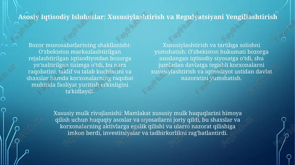titsiyalarni jalb qilishga qaratilgan. chet el investitsiyalarini jalb qilish va iqtisodiy o'sishni rag'batlantirish uchun rivojlanayotgan bozor institutlari va qoidalar rivojlanmoqda. chet el investitsiyalari va savdo liberalizatsiyasi o‘zbekiston savdo va iqtisodiy islohotlarni liberallashtirish orqali xorijiy investitsiyalarni sezilarli darajada jalb qildi. mamlakat xususiy mulk huquqlarini rivojlantirish bo'yicha muhim islohotlarni amalga oshirdi va bu bozor iqtisodiyotiga yo'l ochdi. mamlakat xususiy mulk huquqlarini rivojlantirish bo'yicha muhim islohotlarni amalga oshirdi va bu bozor iqtisodiyotiga yo'l ochdi. bank va moliya tizimining evolyutsiyasi o‘zbekiston markazlashtirilgan rejalashtirilgan iqtisodiyotdan bozorga yo‘naltirilgan iqtisodiyotga o‘tdi, bank va moliya sohalari ham shu bilan birga rivojlandi. bozor munosabatlarining paydo bo'lishi xususiy bank sektorining rivojlanishiga va moliyaviy vositachilikning o'sishiga olib keldi. davlat korxonalarini xususiylashtirish va xususiy mulk uchun huquqiy asos yaratishga qaratilgan iqtisodiy islohotlar. iqtisodiy islohotlar va bozorga o'tishning ijtimoiy ta'siri ishsizlik, qashshoqlik va atrof-muhitning yomonlashuvi kabi ijtimoiy muammolar e'tibor talab qiladi. iqtisodiy o'sish va hayot darajasi oshdi, lekin daromadlar bo'yicha tengsizlik kuchayib bormoqda. …