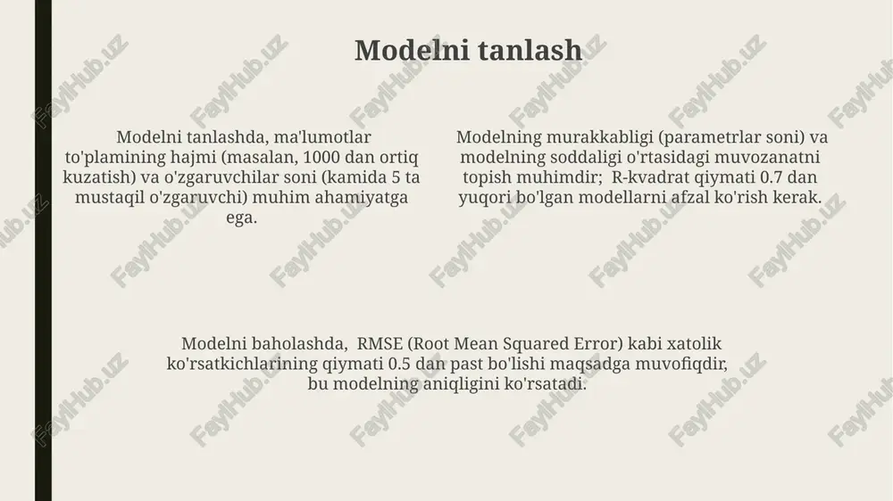 tiq variantni tahlil qilish muhim. narx, sifat va funksiyalar kabi uchta asosiy parametr bo'yicha baholash natijalarini hisobga olgan holda, optimal variantni aniqlash uchun 5 balldan 10 ballgacha bo'lgan reyting tizimidan foydalanish mumkin. xulosa va tavsiyalar tadqiqot natijalariga asosan berilgan 5 tadan ortiq tavsiyalar ichidan eng samarali 2 tasini alohida belgilab, ularning amaliy joriy etilish mexanizmlarini bayon etish zarur. xulosa va tavsiyalar bo'limida kamida 3 ta asosiy topishmoqlar va ularning echimlariga oid 2-3 ta raqamli ma'lumotlar keltirilishi maqsadga muvofiqdir. xulosadagi yangiliklar va amaliy ahamiyatga ega bo'lgan natijalar 10% dan kam bo'lmasligi va ularning ilmiy adabiyotlar bilan solishtirmali tahlili berilishi lozim. parametrlarning taqsimoti eksponent taqsimot, parametrlarning o‘zgarishi tezligini aks ettiruvchi, λ parametrini o‘z ichiga oladi va voqea sodir bo‘lish ehtimolligini tavsiflaydi; λ ning yuqori qiymati voqeaning tez sodir bo‘lishini anglatadi. bir xil taqsimotda, n sonli teng ehtimolli natijalar mavjud bo‘lib, har bir natija 1/n ehtimol bilan sodir bo‘ladi; bu taqsimot, tasodifiy son …