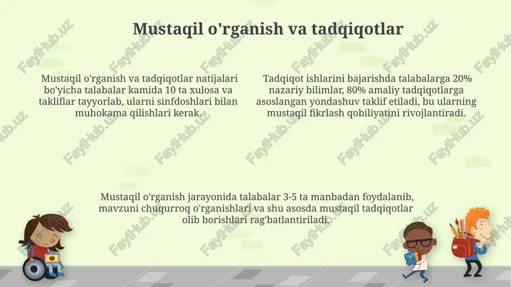 da, o'quvchilarning amaliy ko'nikmalarini rivojlantirishga qaratilgan. "jamiyat bilan integratsiya" doirasida o'quvchilarning 5-10 nafardan iborat kichik guruhlarga bo'linib, jamoaviy loyihalar ustida ishlashi, o'zaro hamkorlik va mas'uliyat hissini rivojlantiradi. taqlid qilish va taqlid qilish orqali o'rganish taqlid qilish jarayonida ijtimoiy-emotsional rivojlanish bilan birga, xotira, diqqat va mulohaza qilish qobiliyatlari ham 20-30% ga rivojlanadi. muvaffaqiyatli taqlid qilish uchun o'qituvchining namuna ko'rsatish uslubi, ya'ni ijodiy, aniq va takrorlanuvchan harakatlari muhim ahamiyatga ega. taqlid qilish orqali o'rganish, 3 yoshdan 7 yoshgacha bo'lgan bolalarda asosiy o'rganish usuli hisoblanib, ularning 70% dan ortiq bilimlarini shunday o'zlashtirishlari kuzatiladi. ota-onalar bilan hamkorlik ota-onalar bilan muntazam, kamida oyiga 2 marta uchrashuvlar o'tkazish, bolaning tarbiyasi bo'yicha qo'llanma va tavsiyalar berish, o'quvchining uy vazifalarini bajarishdagi rivojlanishi va qiyinchiliklari haqida ma'lumot almashish samarali natijalar beradi. ota-onalarning 70% dan ortig'i bilan aloqa o'rnatish va ularning farzandlari tarbiyasi borasidagi fikr-mulohazalarini o'rganish orqali, individual yondashuv asosida tarbiya uslublarini shakllantirish mumkin. "ota-ona majlisi" kabi tadbirlarni yiliga 4 …