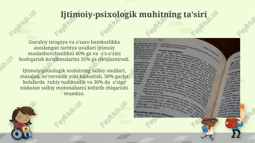 oʻziga ishonchini shakllantirishda ijobiy mustahkamlash va salbiy ta'sirlarning oqibatlarini tushuntirish kabi 2 ta muhim psixologik texnikalar qoʻllaniladi. shaxsiyatning 5 bosqichli rivojlanish modeli tarbiya jarayonida muhim ahamiyatga ega boʻlib, har bir bosqichda oʻziga xos psixologik vositalar va usullar qoʻllanilishi zarur. muloqot va psixologik ta'sir usullari samimiy muloqot orqali 5 dan ortiq ijtimoiy-psixologik ta'sir vositalarini (masalan, ishontirish, taklif, iltifot) birlashtirish shaxsning xulq-atvorini o'zgartirishda yuqori samaradorlikka erishishga yordam beradi. muloqot jarayonida 3 ta asosiy psixologik ta'sir usuli – takrorlash, taklif qilish va rag'batlantirish qo'llaniladi, ularning samaradorligi auditoriyaning yosh xususiyatlari va psixologik holatiga bog'liq. psixologik to'siqlarni bartaraf etish bolalardagi qo'rquv va xavotirlarni bartaraf etishda, o'yin terapiyasi va vizualizatsiya texnikalari 80% gacha ijobiy natijalar beradi, shu bilan birga 2-7 yosh oralig'ida eng samarali hisoblanadi. psixologik to'siqlarni bartaraf etishda, 5 dan ortiq seans davomida muntazam psixologik mashqlar va tafakkur texnikalarini qo'llash 70% ga yaqin muvaffaqiyatga erishish imkonini beradi. e'tiboringiz uchun rahmat @taqdimot_robot image6.jpg image7.jpg image8.jpg image9.jpg …