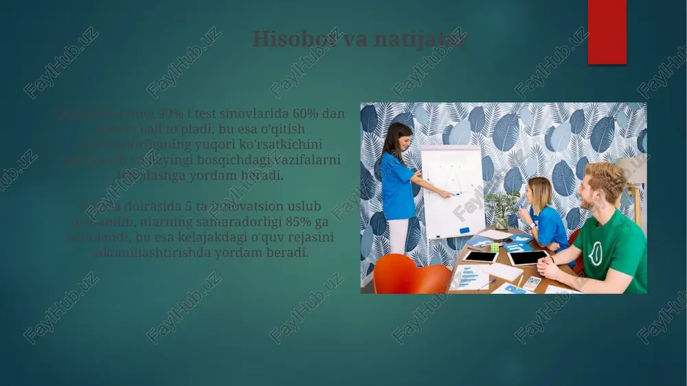 h va yetishtirilishi mumkin bo'lgan kamchiliklar baholash natijalari 70% dan past bo'lsa, o'quv dasturini qayta ko'rib chiqish va yangi o'quv texnologiyalarini joriy etish zarur. pedagogik mahoratni oshirish uchun kamida 10 soatlik treninglarga va 5 ta yangi o'quv uslublarini sinab ko'rish rejalashtirilgan. kasbiy rivojlanish rejasi rejaga 6 oylik muddatga mo'ljallangan o'quv kurslarini, seminarlarni, treninglarni kiritish, yangi pedagogik texnologiyalarni o'zlashtirishni tezlashtiradi. kasbiy rivojlanish rejasida kamida 3 ta ustuvor yo'nalishni aniqlash va har bir yo'nalish bo'yicha 5 tadan aniq maqsad qo'yish tavsiya etiladi, bu samaradorlikni oshirishga yordam beradi. ota-onalar bilan hamkorlik ota-onalar bilan muntazam uchrashuvlarni (kamida oyiga 2 marta) o'tkazish va ularning farzandlari ta'limi borasidagi fikr-mulohazalarini tinglash, muammolarni birgalikda hal qilishga qaratilgan. o'quvchilarning akademik ko'rsatkichlari va xulq-atvori to'g'risida ota-onalar bilan aloqani kuchaytirish uchun elektron platformalardan (masalan, telegram kanallari) foydalanish. e'tiboringiz uchun rahmat @taqdimot_robot image6.jpg image7.jpg image8.jpg image9.jpg image10.jpg image11.jpg image12.jpg image13.jpg image14.jpg image15.jpg image16.jpg image17.jpg image18.jpg image19.jpg image20.jpg image21.jpg image22.jpg image2.png image3.png image4.png …