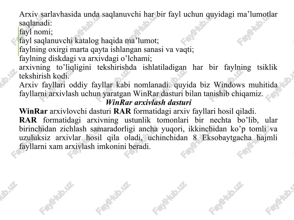 a, unda arxiv fayli nomini tavsiya etilgan va nomni kiritish o’zingizga xavola qilingan ko’rinishlaridagi buyruqlar aks etadi. keragini tanlasangiz winrar ning “imya i parametrq arxiva” nomli oynasi ochiladi va unda arxivlashning standart kattaliklari tavsiya etiladi. “imya i parametrq arxiva” nomli oynadagi kattaliklarning ayrimlari bilan tanishib olamiz. “umumiy” varaqchasida: “obzor…” tugmachasi yordamida, agar kerak bo’lsa, avvaldan mavjud bo’lgan arxiv faylini nomini tanlashimiz va u yerga ajratilgan fayllarni arxivlab qo’shib qo’yishimiz mumkin yoki “imya arxiva:” nomli qisqartirilgan ro’yxat maydonida bor bo’lgan nomlardan birini tanlashimiz yoki yangi nom kiritishimiz mumkin. “yangilash usuli” (“metod obnovleniya:”) nomli qisqartirilgan ro’yxat maydonidan “fayllarni almashtirish orqali qo’shish”, “fayllarni yangilash orqali qo’shish” ,yoki “mavjud fayllarni yangilash” usullaridan birini tanlaymiz. “arxiv formati” (“format arxiva”) rar ni tanlaymiz. “zichlash usuli” nomli qisqartirilgan ro’yxat maydonidan zichlamasdan, katta tezlikda(skorostnoy), tezda, oddiy, yaxshi(xoroshiy) va maksimal zichlash usullaridan birini tanlaymiz. agar arxivni tomlarga bo’laklash kerak bo’lsa, u xolda “(baytlarda) o’lchamdagi tomlarga bo’laklash” nomli qisqartirilgan ro’yxat …