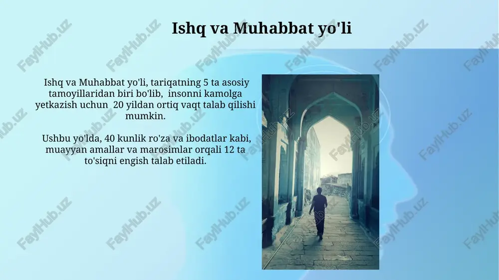 higa oladi, bu esa insonni yuksak maqomlarga olib chiqadi. qalb pokligi va tozaligi qalb tozaligiga erishish uchun 5 ta asosiy bosqichdan o‘tish kerak bo‘lib, har bir bosqichda shaxs o‘zining 10 ta salbiy xis-tuyg‘usidan voz kechishi shart. qalb pokligi 7 ta fazildan biri sifatida qaraladi va bu fazillar insonga kamolga yetish yo‘lida 40 dan ortiq martaba takrorlanadigan amallarni bajarish orqali erishiladi. e'tiboringiz uchun rahmat @taqdimot_robot image2.jpg image3.jpg image4.jpg image5.jpg image6.jpg image7.jpg image8.jpg image9.jpg image10.jpg image11.jpg image12.jpg image13.jpg image14.jpg image15.jpg image16.jpg image17.jpg image18.jpg image1.png