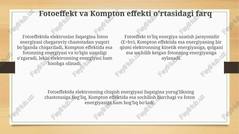 nning energiyasining bir qismi elektronga uzatiladi, natijada fotonning to'lqin uzunligi λ' = λ + h/(mec)(1-cosθ) formulasi bilan aniqlanadigan miqdorda ortadi, bu yerda θ — sochilish burchagi. kompton effekti, gamma nurlanishining energiyasi 0,1 mev dan yuqori bo'lgan rentgen yoki gamma fotonlari elektron bilan to'qnashganda, fotonning chastotasi kamayishi va to'qnashuvdan keyin elektronning kinetik energiyasining oshishi hodisasi hisoblanadi. plank gipotezasi plank gipotezasi nur energiyasi diskret miqdorda, ya’ni kvantlar yoki fotonlar deb ataladigan alohida paketlar shaklida tarqalishini taxmin qiladi, bu yerda har bir kvantning energiyasi e = hν formulasi bilan aniqlanadi, bunda h – plank doimiysi (6,626 x 10⁻³⁴ js), ν esa nurlanish chastotasi plank doimiysi (h ≈ 6.63 × 10⁻³⁴ js) kvant mexanikasining fundamental konstantalaridan biri bo'lib, energiya kvantining miqdorini aniqlaydi va mikro dunyodagi jarayonlarni tavsiflashda muhim rol o'ynaydi, masalan, fotoeffekt va kompton effektlari. plank gipotezasi qora tananing nurlanish spektrini muvaffaqiyatli tushuntirdi va klassik fizika qonunlarining bu hodisani tushuntira olmasligini ko'rsatdi, shu bilan …