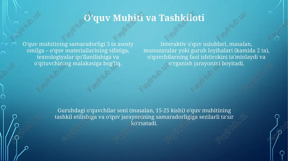 b, har bir o'quvchining ehtiyojlariga moslashtirilgan ta'limni ta'minlaydi va shuning uchun inklyuziv ta'limning muhim tarkibiy qismidir. differensiatsiya va inklyuziya o'quv jarayonida o'qituvchidan kamida 5 xil baholash usulini (sinov, loyiha, kuzatish va h.k.) qo'llashni talab qiladi va bu o'quvchilarning yutuqlarini ob'ektiv baholashga yordam beradi. o'quv materiallari va resurslari o'quv materiallari va resurslarini tanlashda o'quvchilarning yosh xususiyatlari, bilim darajasi va individual ehtiyojlari hisobga olinishi shart. resurslarning samarali ishlatilishi darsning 20-30% vaqtini tejashga va o'quvchilarning 15% ko'proq faol ishtirokiga olib kelishi mumkin. o'quv materiallari turli formatlarda (matn, audio, video, interfaol mashqlar) 3 dan 7 gacha turga ega bo'lishi va o'quv maqsadlariga mos kelishi kerak. e'tiboringiz uchun rahmat @taqdimot_robot image1.png image2.png image3.png image4.png image5.png