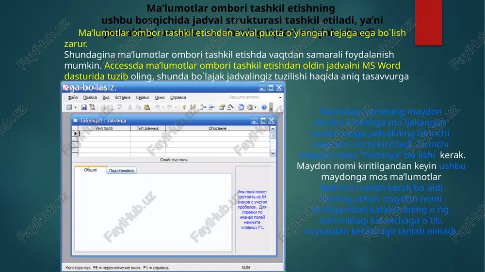 riy) bo`yicha kerakli ma’lumotlar topish. endigi vazifa—umumiy ma’lumotlar va fanlar natijasi-bu ma’lumotlar ichidan turli kriteriylar bo`yicha kerakli ma`lumotni topish kerak. bunday kriterlar quyidagicha bo`lishi mumkin: 1. informatika, ingliz tili, oily matematika fanlaridan 5 baho olgan talabalarni aniqlash. 2. familiyasi “r” harfi bilan boshlanadigan talabalarni aniqlash. 3. talabalar ichida may oyida tug`ilganlarini aniqlash va hokazo. ma’lumki, yuqorida keltirilgan kriteriyalarga javob beradigan ma’lumotlar ikkita jadvalda joylashgan. ikkita turli jadvaldan ma’lum kriteriyalar bo`yicha kerakli ma’lumotlarni toppish uchun ularni o`zaro bog`lash zarur. o`zaro bog`liq jadvallar relyatsion jadvallar deyiladi. relyatsion jadvallardagi bog`lanish jadvallardagi bir xil kalit maydonlar orqali amalgam oshiriladi. jadvallarni bog`lash, ya’ni relyetsion jadvallar hosil qilish quyidagicha amalga oshiriladi. servis (servis) menyusining ma’lumotlar sxemasi (cxema dannix) bo`limini tanlaganimizdan so`ng oyna hosil bo`ladi. ushbu oynada ma’lumotlar omborida mavjud bo`lgan jadvallar nomlari aks etgan: umumiy ma’lumotlar va fanlar natijasi kursor umumiy ma’lumotlar va fanlar natijasi jadvallari nomlari ustida turganda qo`shib qo`yish (dabavit) so`ng yopish (zakrit) tugmalari …