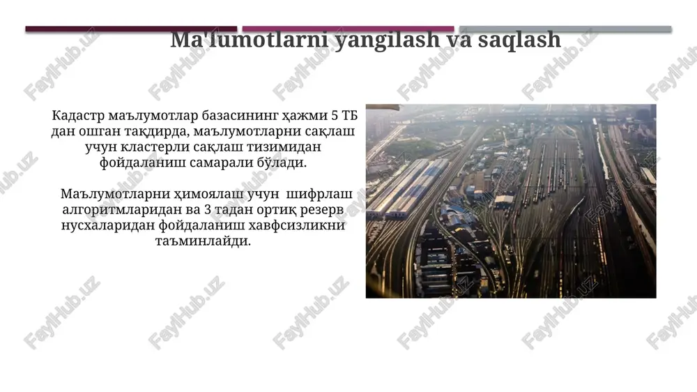 yef xaritasini yaratish va temir yo'l liniyalari geometriyasini aniq belgilash mumkin. yer uchastkalarini aniqlash va tasniflash har bir er uchastkasining maydonini hisoblashda geometrik shakllardan foydalaniladi va hisob-kitoblarda yuqori darajadagi aniqlikni ta'minlash uchun 0.01 gektar darajasidagi aniqlik ta'minlanadi. er uchastkalarining kadastr raqamlari va chegaralarini aniqlashda gps va geodeziya ma'lumotlaridan foydalaniladi, bu esa 90% dan ortiq aniqlikni ta'minlaydi. temir yo'l yer kadastri nima? temir yo'l yer kadastri – bu temir yo'l infratuzilmasining, shu jumladan, 1000 ga yaqin kilometrlik yo'llar, stansiyalar va boshqa inshootlarning aniq chegaralarini va huquqiy maqomini aniqlovchi davlat reestridir. kadastr ma'lumotlari yer uchastkalari bo'yicha nizolarni oldini olish, yer resurslaridan samarali foydalanish va temir yo'l tarmog'ining rivojlanishi uchun muhim ahamiyatga ega bo'lgan 500 dan ortiq strategik obyektlarni himoya qilish uchun ishlatiladi. kelajakdagi rivojlanish istiqbollari temir yo'l yer kadastri ma'lumotlar bazasini 3d modellashtirish va sun'iy yo'ldosh navigatsiya tizimlari bilan integratsiyalashish orqali aniqlikni 99% ga oshirish rejalashtirilgan. kelgusi 5 yilda, temir yo'l tarmog'ining …