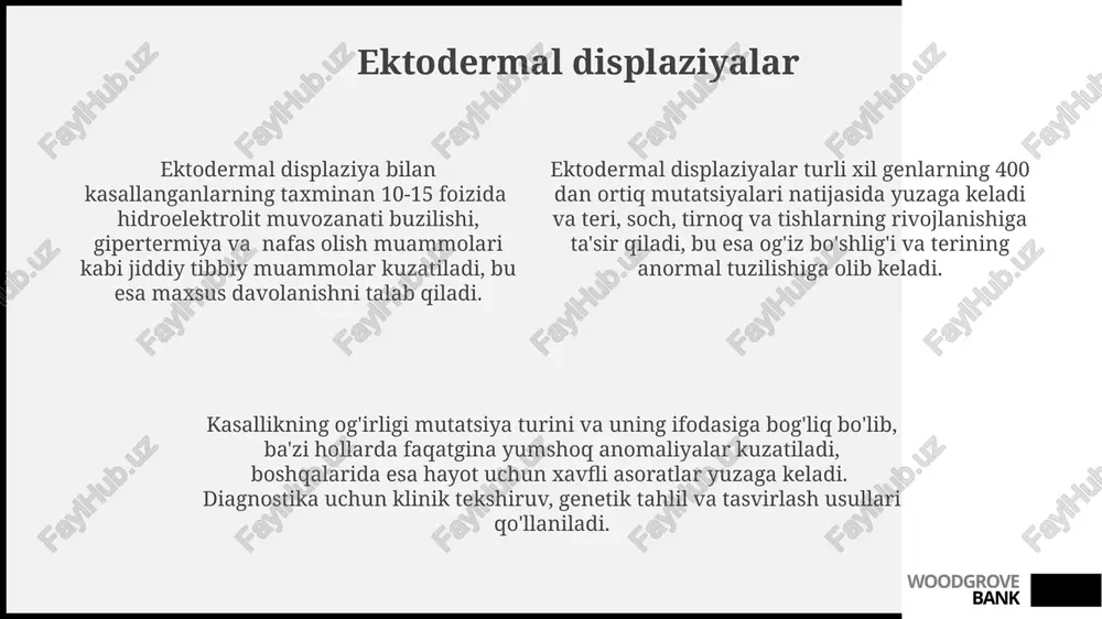 eltirib chiqarishi mumkin, ularning har biri turli xil alomatlar bilan namoyon bo'ladi. ichki teri kasalliklarining taxminan 75% i autosomal retsessiv meros bo'yicha o'tadi, ya'ni ikkala ota-onadan ham mutatsiyaga uchragan genni meros qilib olish zarur. epidermoliz bulloza kabi ba'zi ichki teri kasalliklari kollagen va keratin kabi oqsillarni kodlaydigan genlardagi mutatsiyalar tufayli yuzaga keladi, bu esa teri himoyasini pasaytiradi. woodgrove bank keratinositlarning genetik kasalliklari keratinotsitlarning genetik kasalliklari, masalan, epidermoliz bullioza, taxminan 20 dan ortiq turga ega bo'lib, ularning og'irligi va namoyon bo'lish xususiyatlari sezilarli darajada farq qiladi. keratinotsitlarning anormal differentsiatsiyasi natijasida paydo bo'ladigan ikki xil genetik kasalliklarning (psoriaz va ichki xloridli hiperkeratoz) klinik namoyon bo'lishlari keskin farq qiladi. epidermal displaziya bilan bog'liq kasalliklarning 80% dan ortig'i keratin 10 va keratin 14 genlaridagi mutatsiyalar bilan bog'liq. woodgrove bank teri va shilliq pardalarining genetik qarish jarayonlari xeroderma pigmentosum kasalligi uv nurlariga sezgirlikni oshiradigan 8 ta genning birida mutatsiya natijasida yuzaga kelib, terining saraton xavfini …