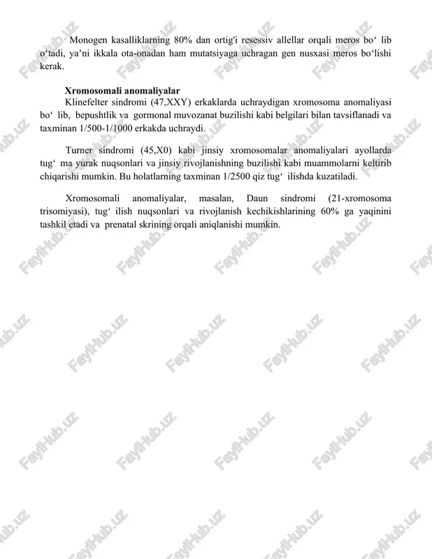 aliyasi boʻlib, bepushtlik va gormonal muvozanat buzilishi kabi belgilari bilan tavsiflanadi va taxminan 1/500-1/1000 erkakda uchraydi. turner sindromi (45,x0) kabi jinsiy xromosomalar anomaliyalari ayollarda tugʻma yurak nuqsonlari va jinsiy rivojlanishning buzilishi kabi muammolarni keltirib chiqarishi mumkin. bu holatlarning taxminan 1/2500 qiz tugʻilishda kuzatiladi. xromosomali anomaliyalar, masalan, daun sindromi (21-xromosoma trisomiyasi), tugʻilish nuqsonlari va rivojlanish kechikishlarining 60% ga yaqinini tashkil etadi va prenatal skrining orqali aniqlanishi mumkin. 📌xulosa bola va homiladagi turli genetik kasalliklar erta tashxislash va davolashni talab qiladi, bu esa sogʻlom rivojlanish va hayot sifatini yaxshilashga yordam beradi. genetik maslahatlashuv va skrining dasturlari muhim ahamiyatga ega. 📚foydalanilgan adabiyotlar 1. bolalar va homilada uchraydigan turli xil genetik kasalliklar bo'yicha qo'llanma. (bolalar va homila genetik kasalliklari bo'yicha qo'llanma) 2. tug'ma nuqsonlar va irsiy kasalliklarning genetik asoslari. 3. genetik kasalliklar diagnostikasi va davolashning zamonaviy usullari. 4
