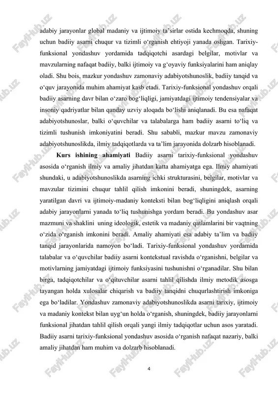 i asarning mazmuniy va ideologik qatlamlarini tushunishni o‘z ichiga oladi. mavzuning vazifalari · tarixiy yondashuv tushunchasi va uning badiiy tahlildagi o‘rni bilan tanishish; · funksional yondashuv tushunchasi va uning asardagi belgilar, motivlar va mavzularni tahlil qilishdagi ahamiyatini aniqlash; · tarixiy va funksional yondashuvlarni uyg‘unlashtirishning nazariy asoslarini o‘rganish; · badiiy asarni yaratilgan davr va ijtimoiy-madaniy kontekst asosida tahlil qilish; · asardagi belgilar, motivlar va mavzularni funksional jihatdan o‘rganish va ularning asar mazmunidagi rolini aniqlash; · tarixiy-funksional yondashuv yordamida badiiy asarning ideologik, madaniy va estetik qatlamlarini tadqiq qilish; · nazariy va amaliy tahlil natijalariga asoslanib, badiiy tanqid va adabiy o‘qitishda tavsiyalar ishlab chiqish. mavzuning obyekti badiiy asar va uning jamiyat, tarix va madaniyat bilan o‘zaro aloqasidir. obyekt sifatida badiiy asar inson hayoti, ijtimoiy voqelik va madaniy jarayonlarni aks ettiruvchi fenomen sifatida ko‘riladi, shu bilan birga uning yaratilgan davr konteksti va ijtimoiy-madaniy sharoitlari tadqiqotning asosiy diqqat markazida bo‘ladi. mavzuning predmet badiiy asarni tarixiy-funksional …