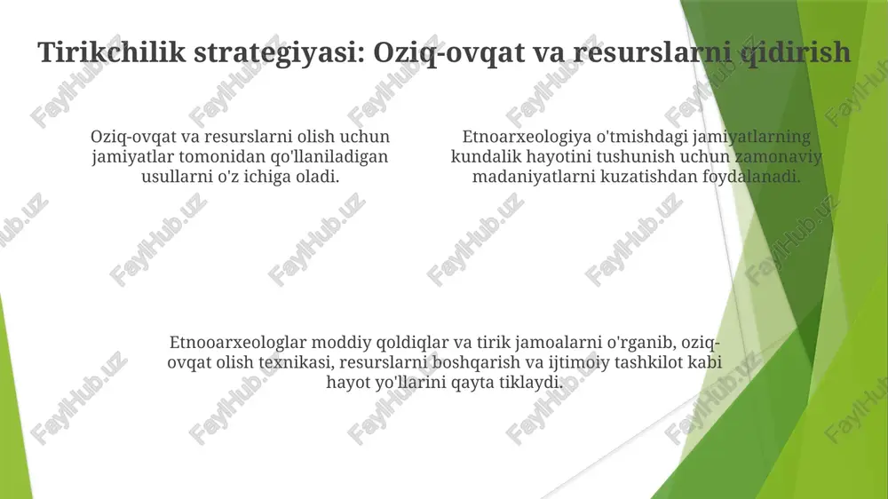 di. etnoarxeologiya arxeologik ma'lumotlarni talqin qilish uchun zamonaviy madaniyatlarni kuzatishni qo'llaydi va bu orqali moddiy qoldiqlar va ijtimoiy xulq-atvor o'rtasidagi bo'shliqni to'ldiradi. axloqiy jihatlar: madaniyatlar va jamoalarni hurmat qilish arxeologik dalillarni to'g'ri yig'ish va talqin qilishni ta'minlash. madaniy sezgirlikka hurmat bilan qarash va jamoalarni ekspluatatsiya qilishdan saqlanish. mahalliy xalqlar bilan hamkorlikda tushunishni oshirish va madaniy merosni saqlash. e'tiboringiz uchun rahmat @taqdimot_robot